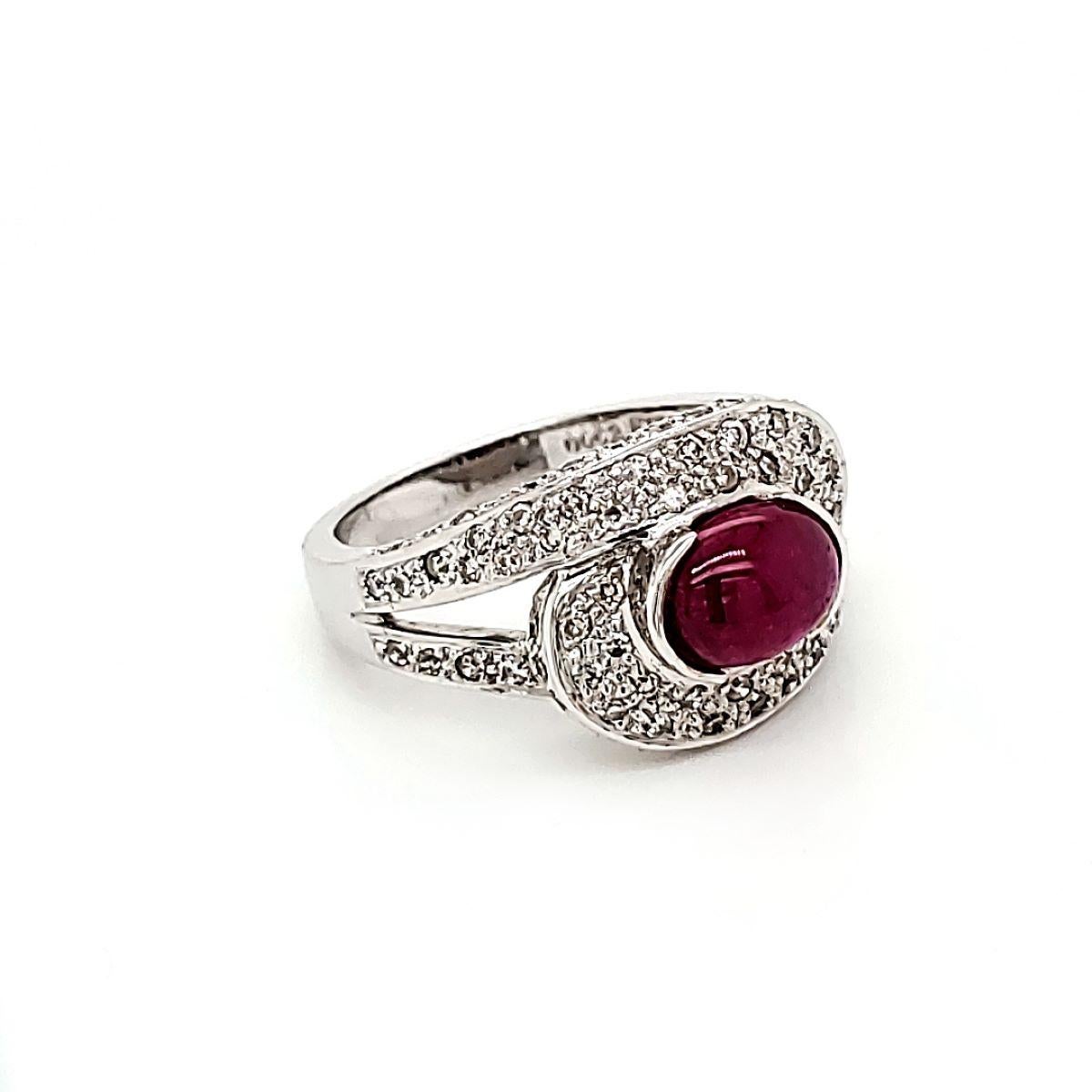 Round Cut Ruby Cabochon Cts 1.75 and Diamond Cts 0.63 Engagement Ring For Sale