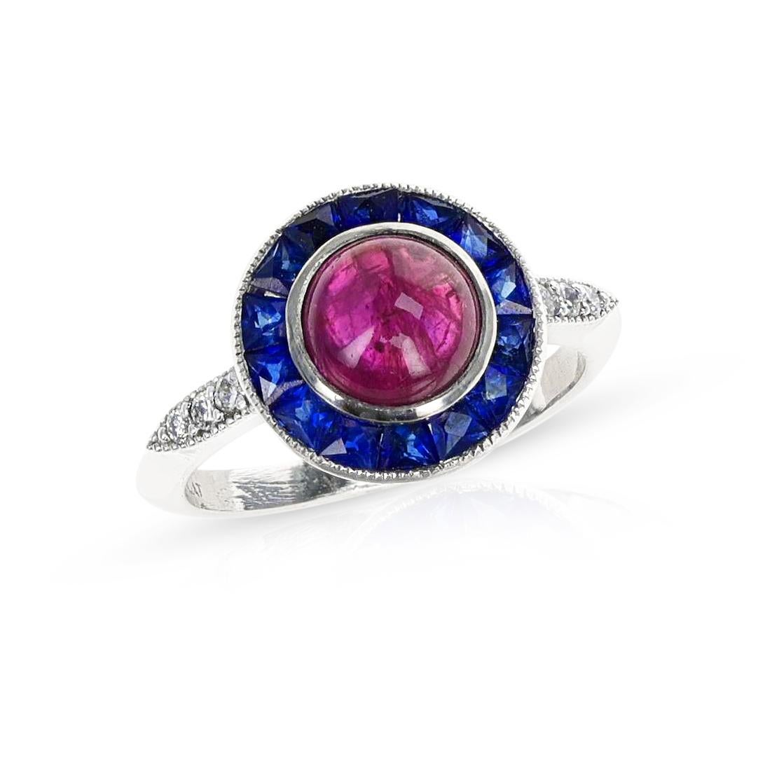 Round Cut Ruby Cabochon Diamond and Sapphire Ring, Platinum For Sale