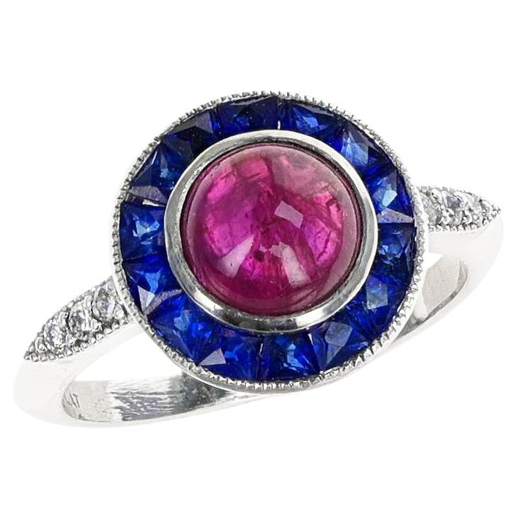 Ruby Cabochon Diamond and Sapphire Ring, Platinum For Sale