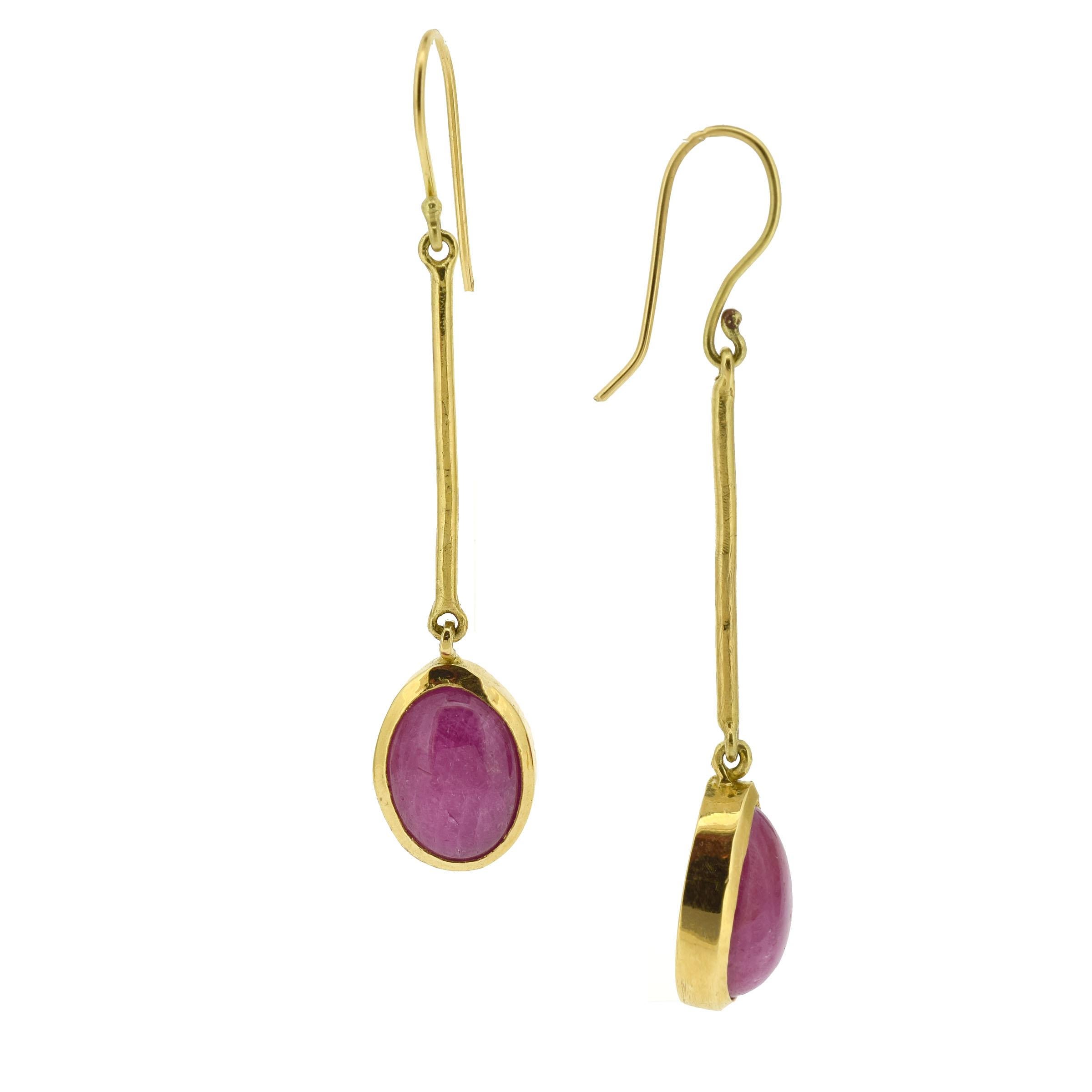 Contemporary Ruby Cabochon Drop Gold Earrings