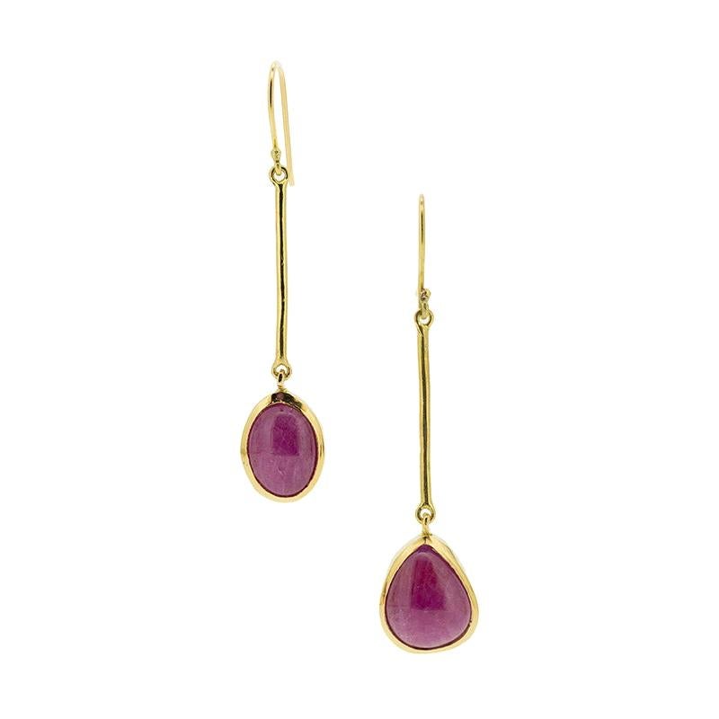 Ruby Cabochon Drop Gold Earrings