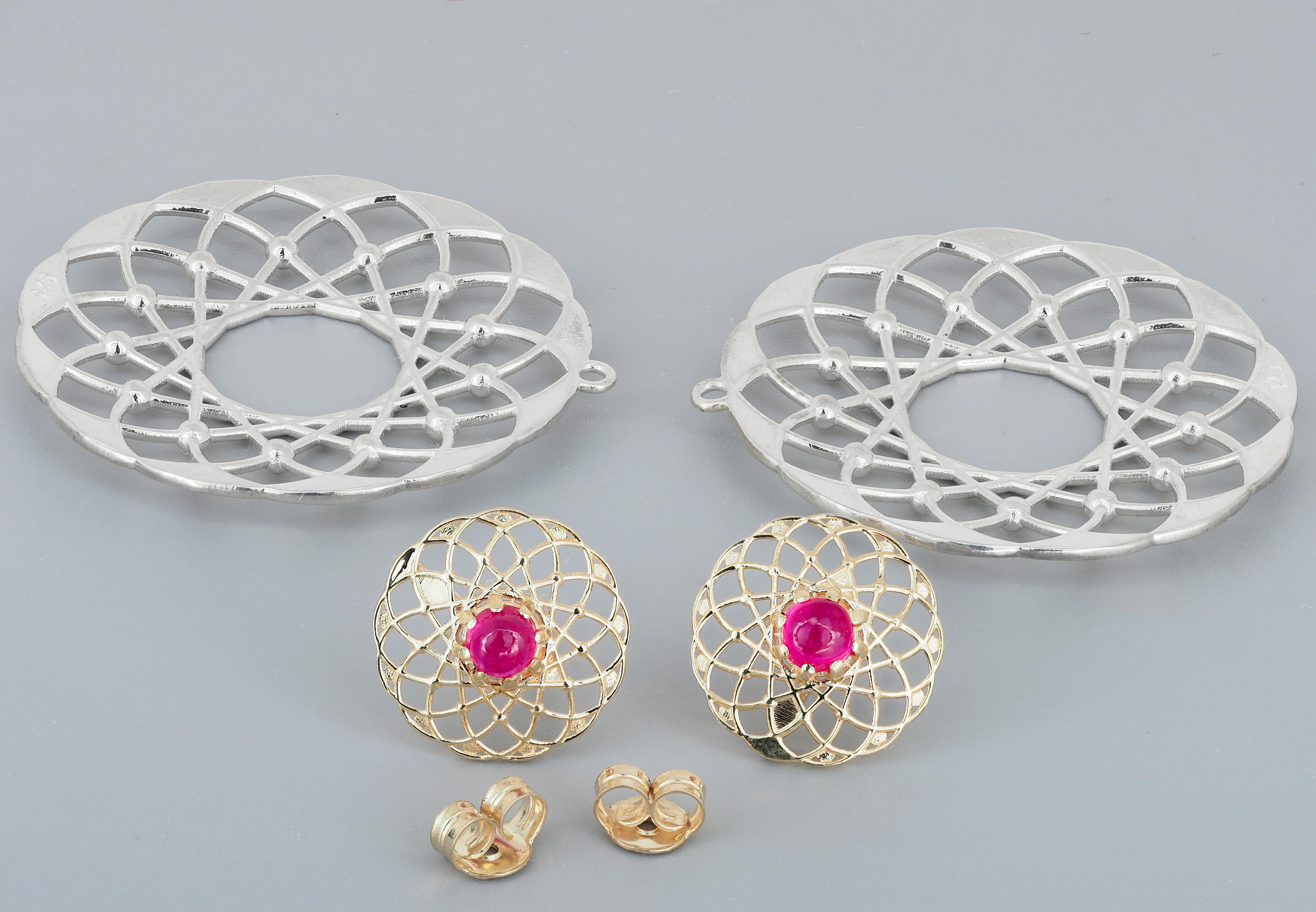 Women's Ruby cabochon earrings studs.  For Sale