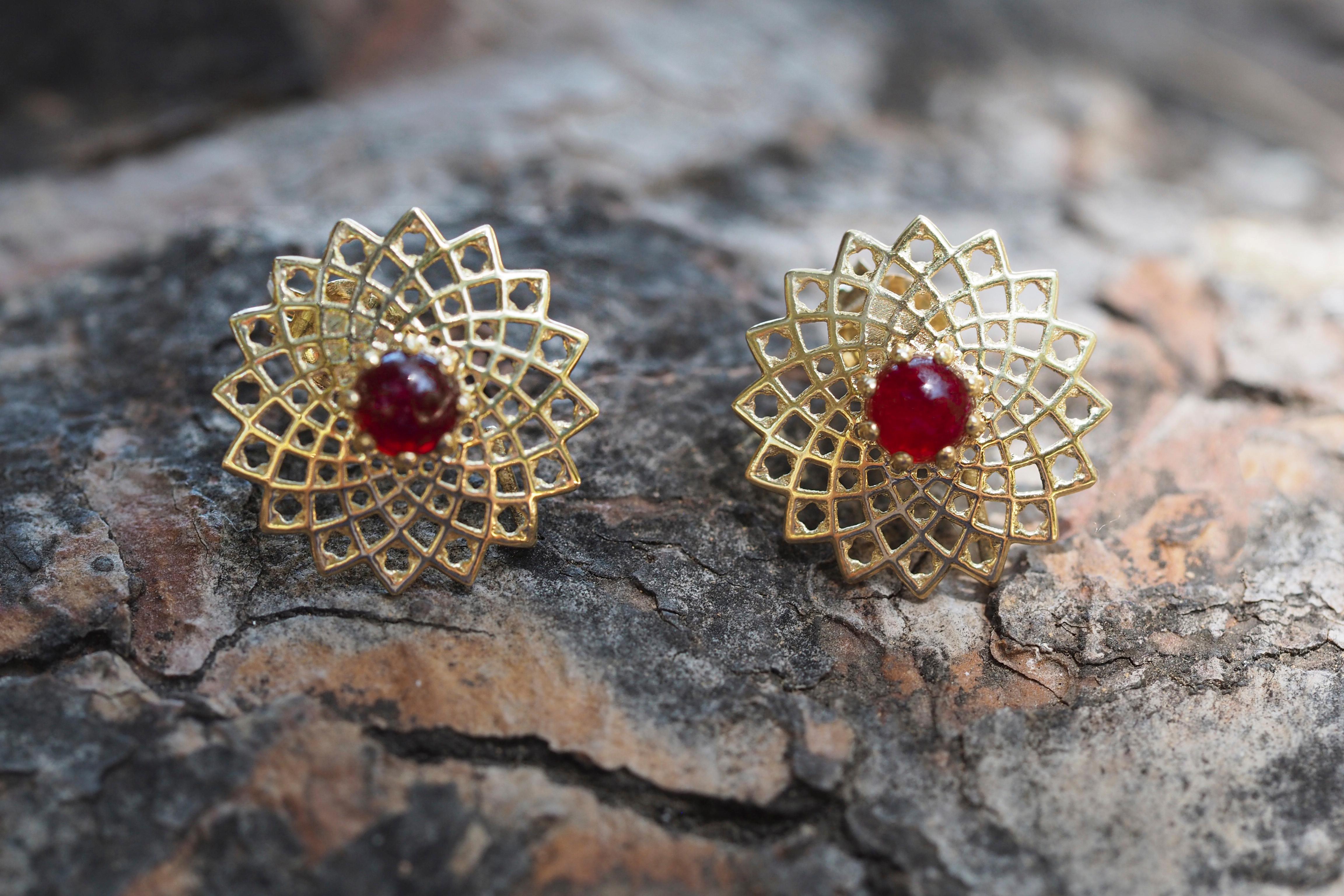 Ruby cabochon earrings studs.  For Sale 3