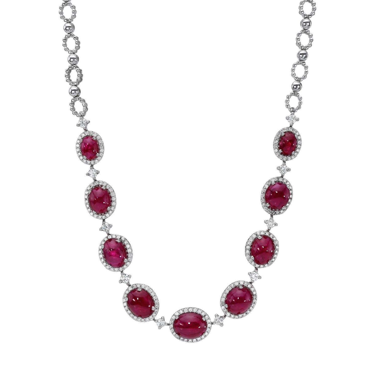 18K White gold necklace set with a total of 19.48 carat Ruby Cabochon ovals and a total of 1.86 carat diamonds. 
Length - 17” inches. 
Returns are accepted and paid by us within 7 days of delivery. 

Please FOLLOW the MERKABA storefront to be the