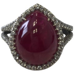 Ruby Cabochon Pear Shape and Diamond Cocktail Ring in 18 Karat White Gold