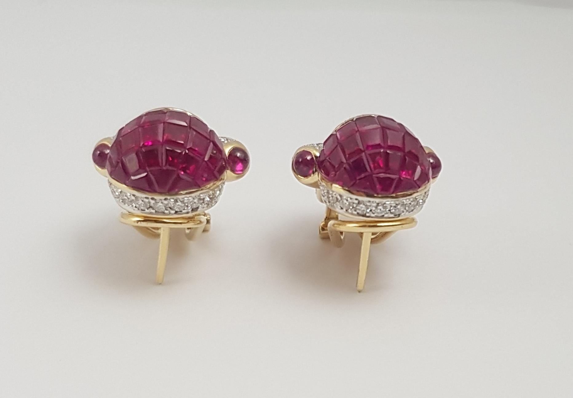 Women's Ruby, Cabochon Ruby and Diamond Earrings Set in 18 Karat Gold Settings For Sale
