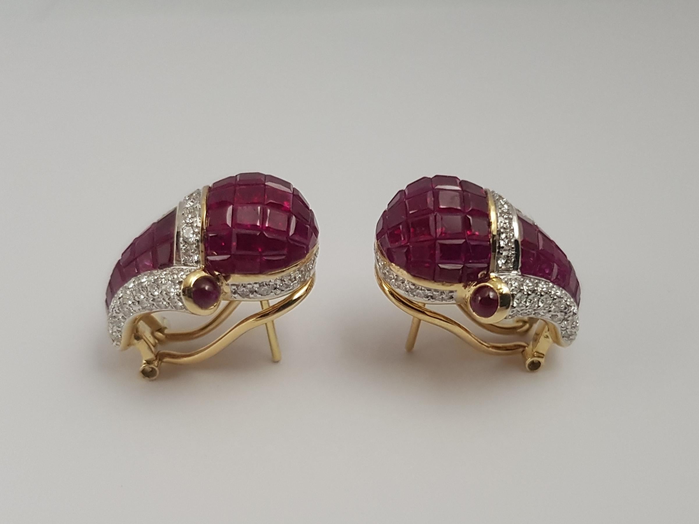 Ruby, Cabochon Ruby and Diamond Earrings Set in 18 Karat Gold Settings For Sale 1