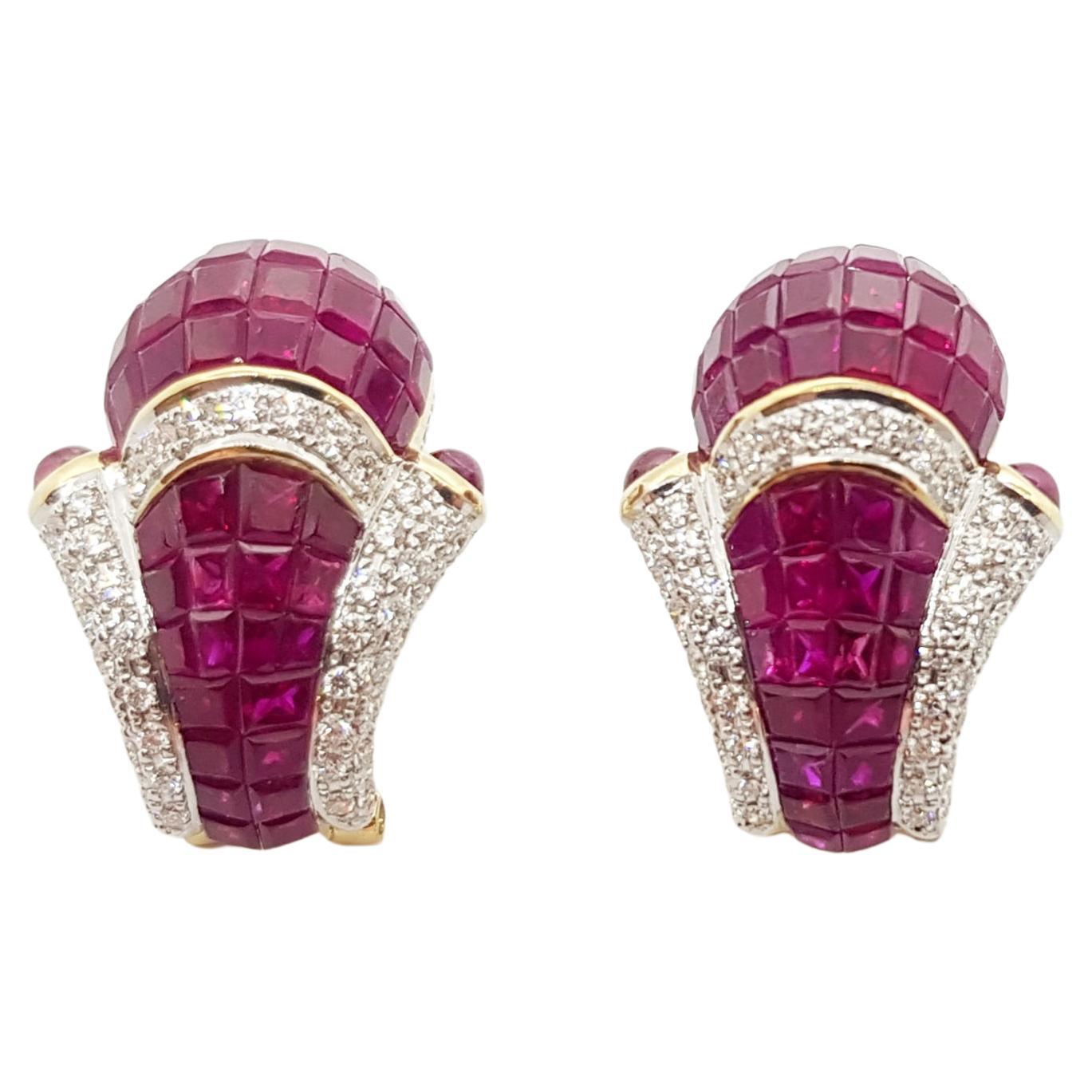 Ruby, Cabochon Ruby and Diamond Earrings Set in 18 Karat Gold Settings For Sale