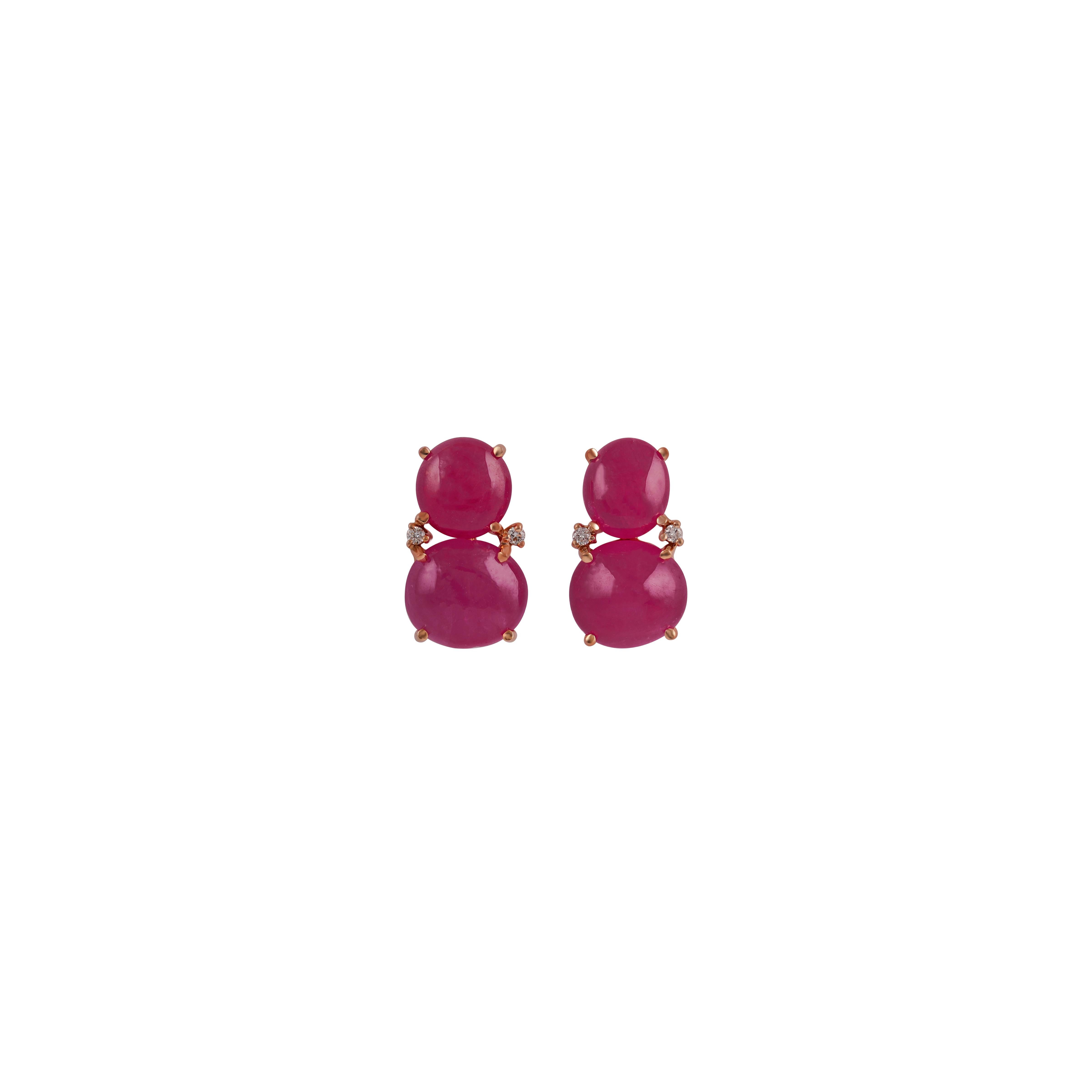Round Cut Ruby Cabochon Studs Earring in 18 Karat Gold with Diamond For Sale