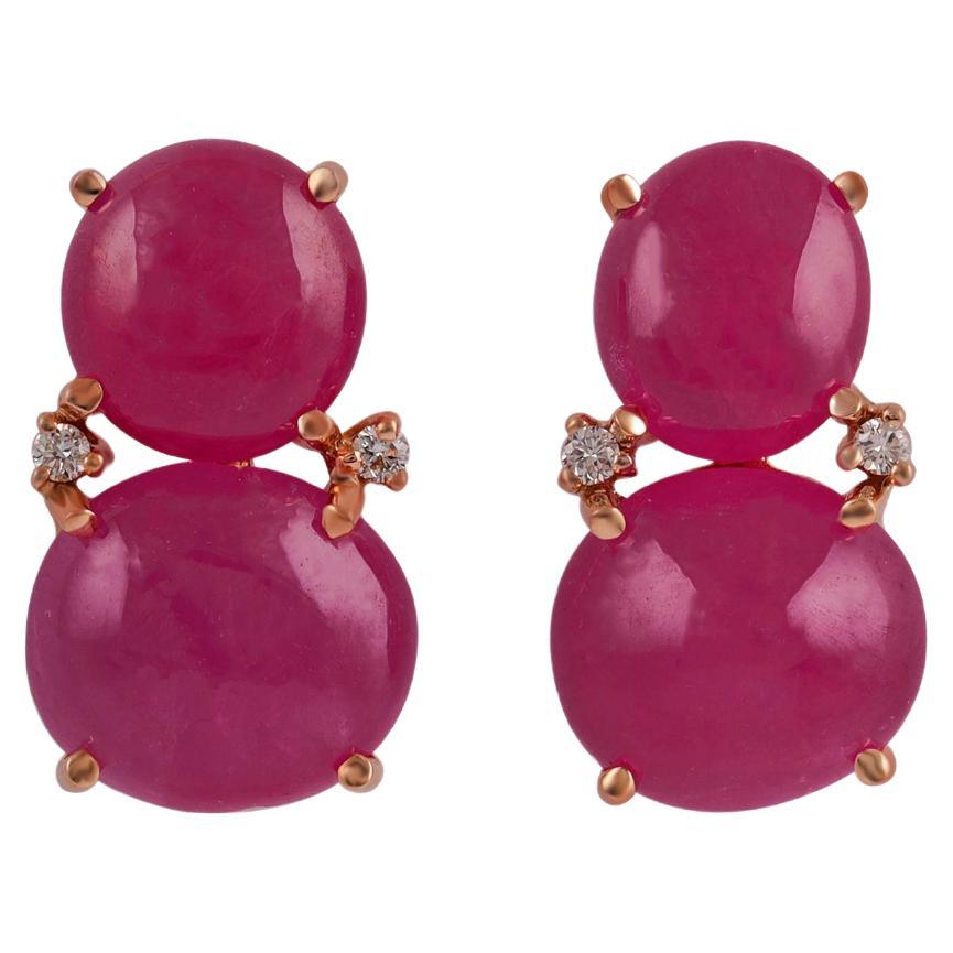 Ruby Cabochon Studs Earring in 18 Karat Gold with Diamond