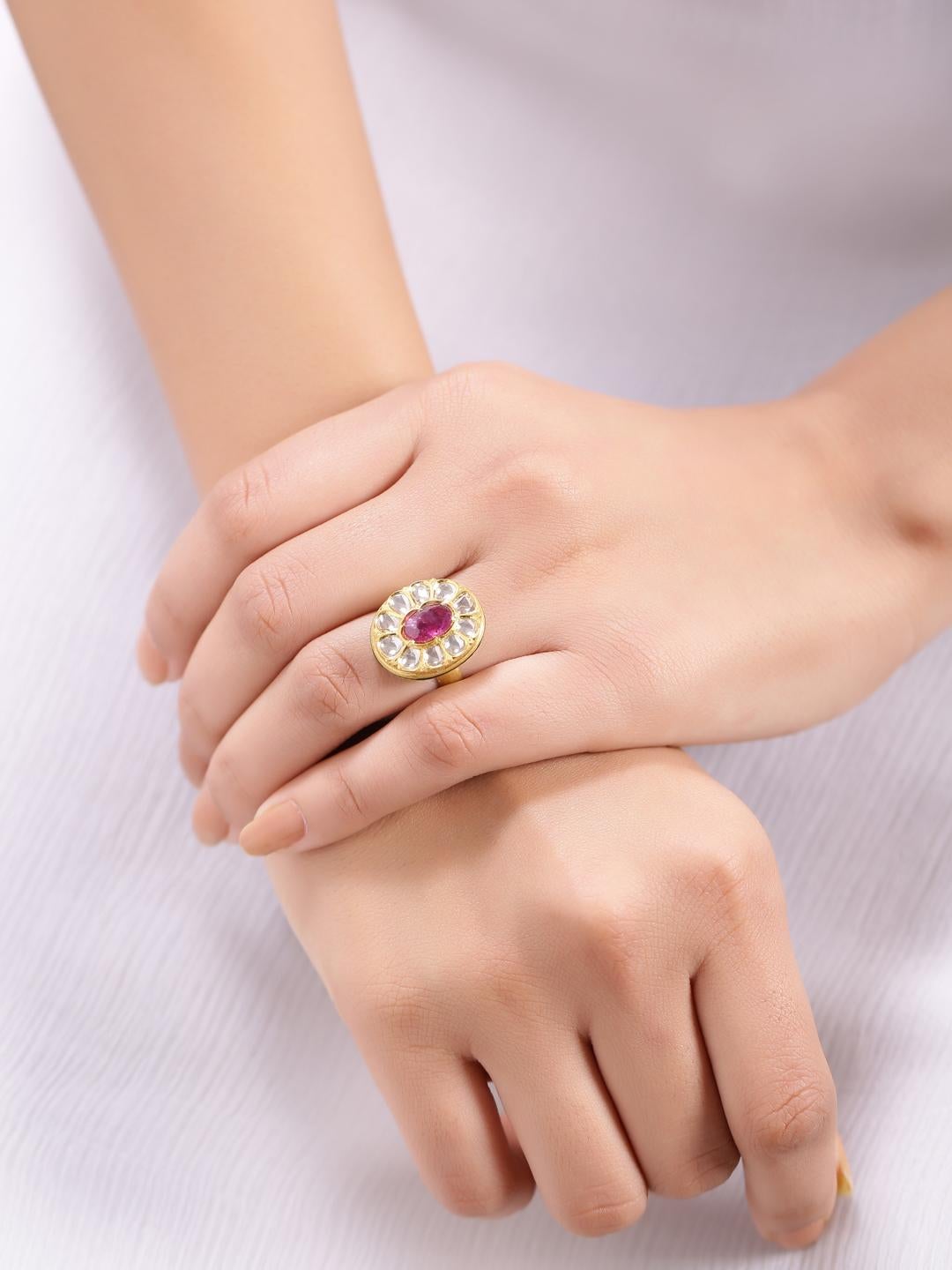 Ruby Cabochon with Uncut Diamonds Enamel Ring Handcrafted in 22K Yellow Gold In New Condition For Sale In Jaipur, IN