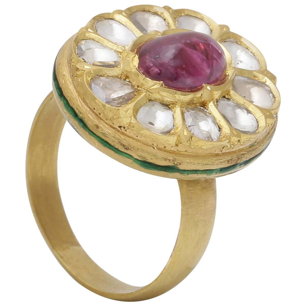 Ruby Cabochon with Uncut Diamonds Enamel Ring Handcrafted in 22K Yellow Gold