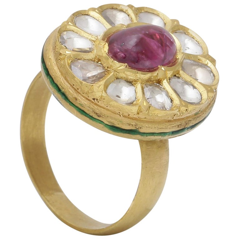 Ruby Cabochon with Uncut Diamonds Enamel Ring Handcrafted in 22K Yellow ...