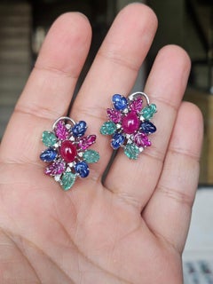 Ruby Cabochons, carved Emerald, Ruby, Blue Sapphire & Diamonds Stud Earrings