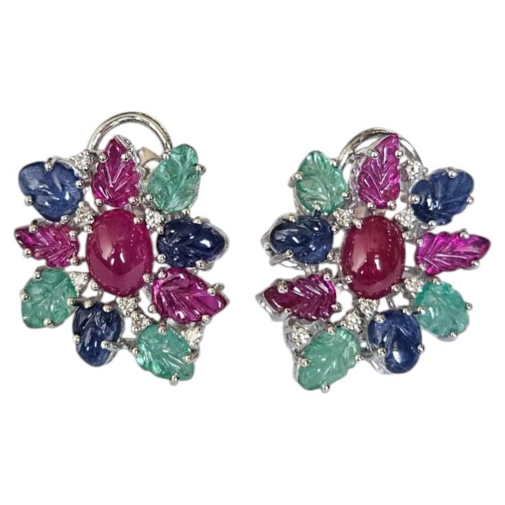 Ruby Cabochons, carved Emerald, Ruby, Blue Sapphire & Diamonds Stud Earrings