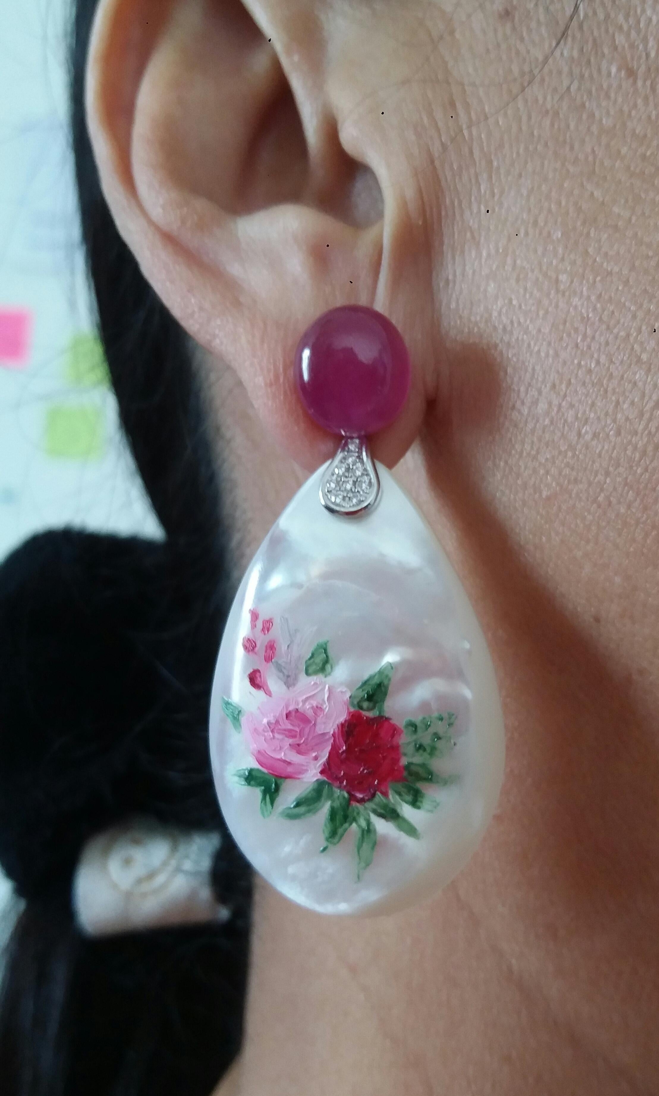 Ruby Cabs White 14k Gold Diamonds Hand Painted Mother of Pearl Drop Earrings For Sale 5