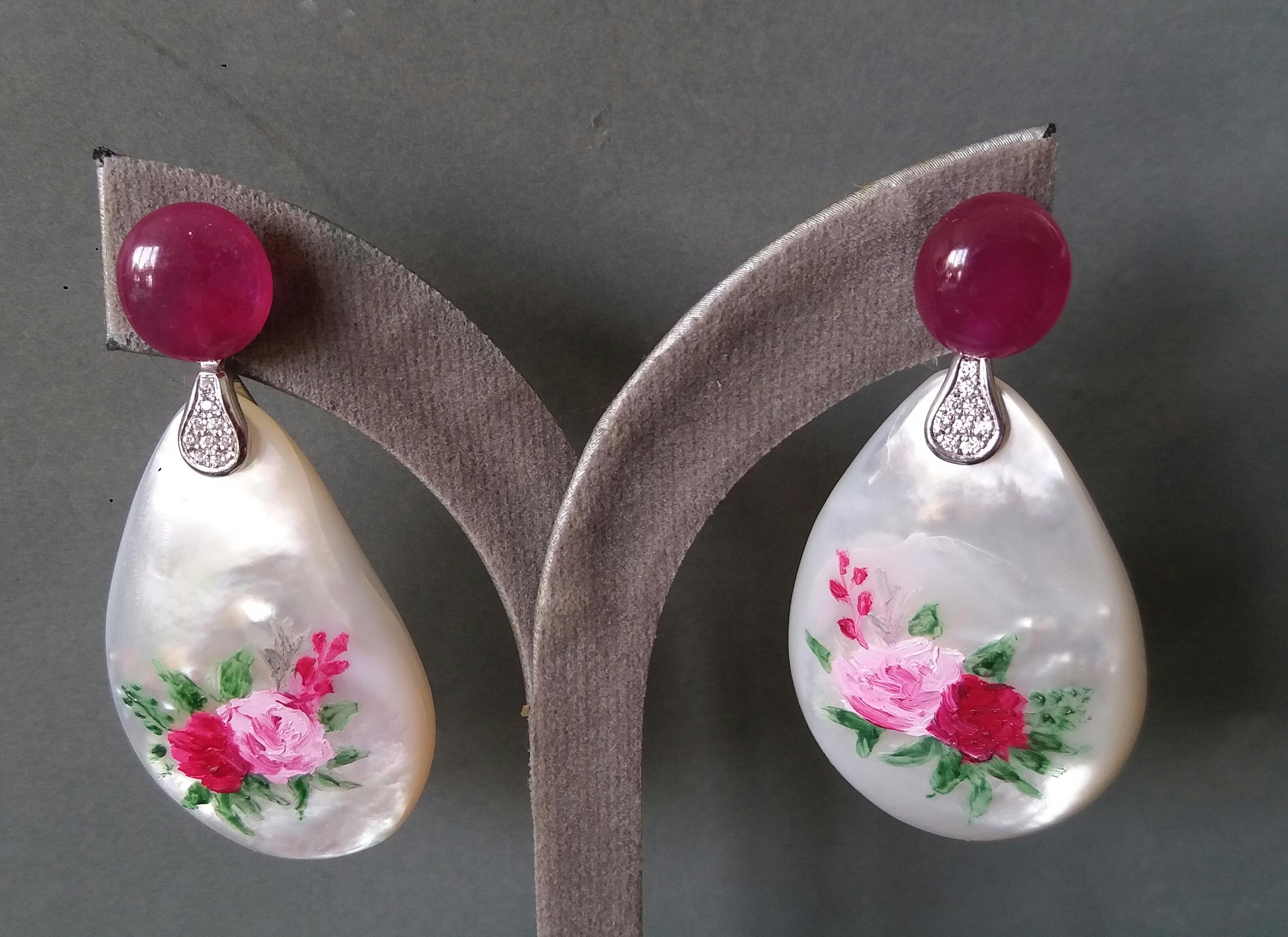 Ruby Cabs White 14k Gold Diamonds Hand Painted Mother of Pearl Drop Earrings For Sale 6