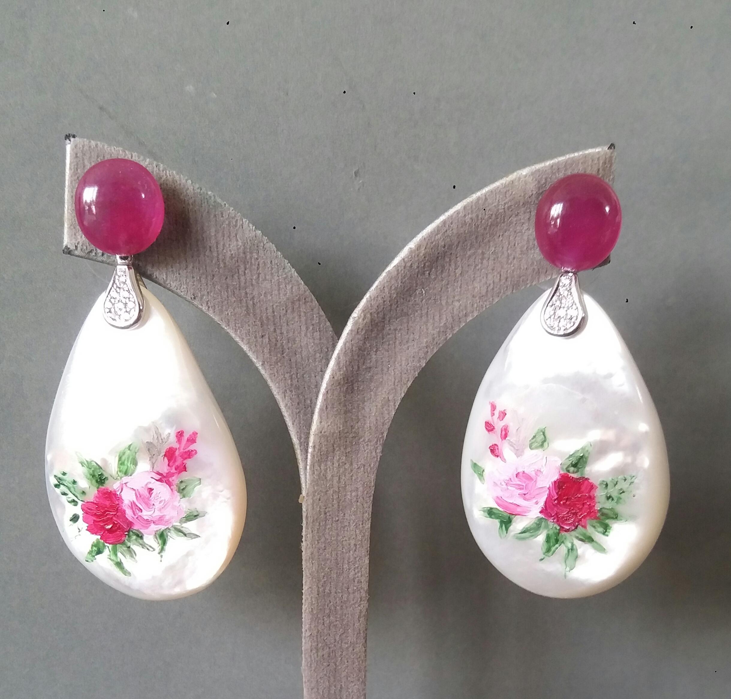 Ruby Cabs White 14k Gold Diamonds Hand Painted Mother of Pearl Drop Earrings For Sale 7