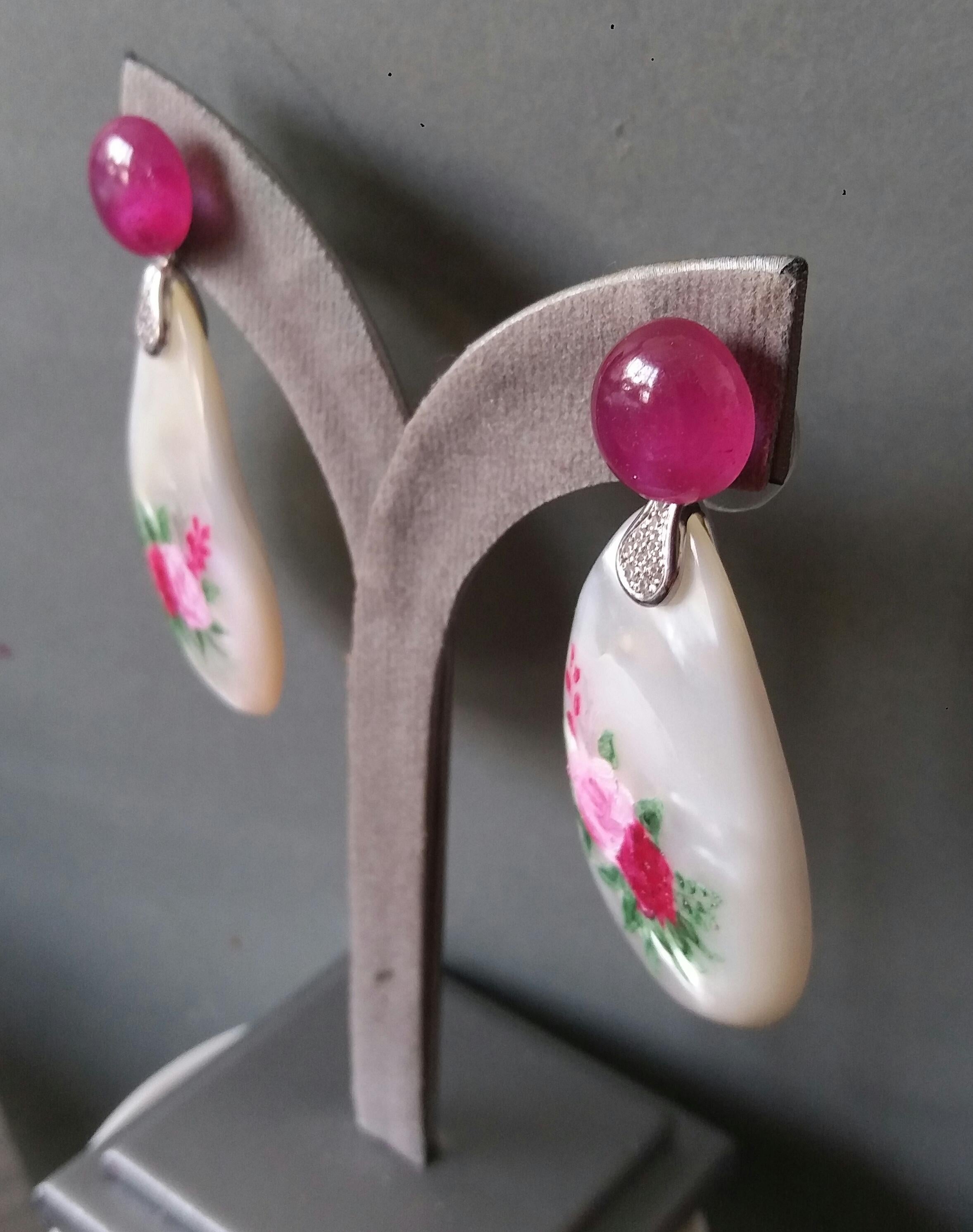 Ruby Cabs White 14k Gold Diamonds Hand Painted Mother of Pearl Drop Earrings For Sale 8