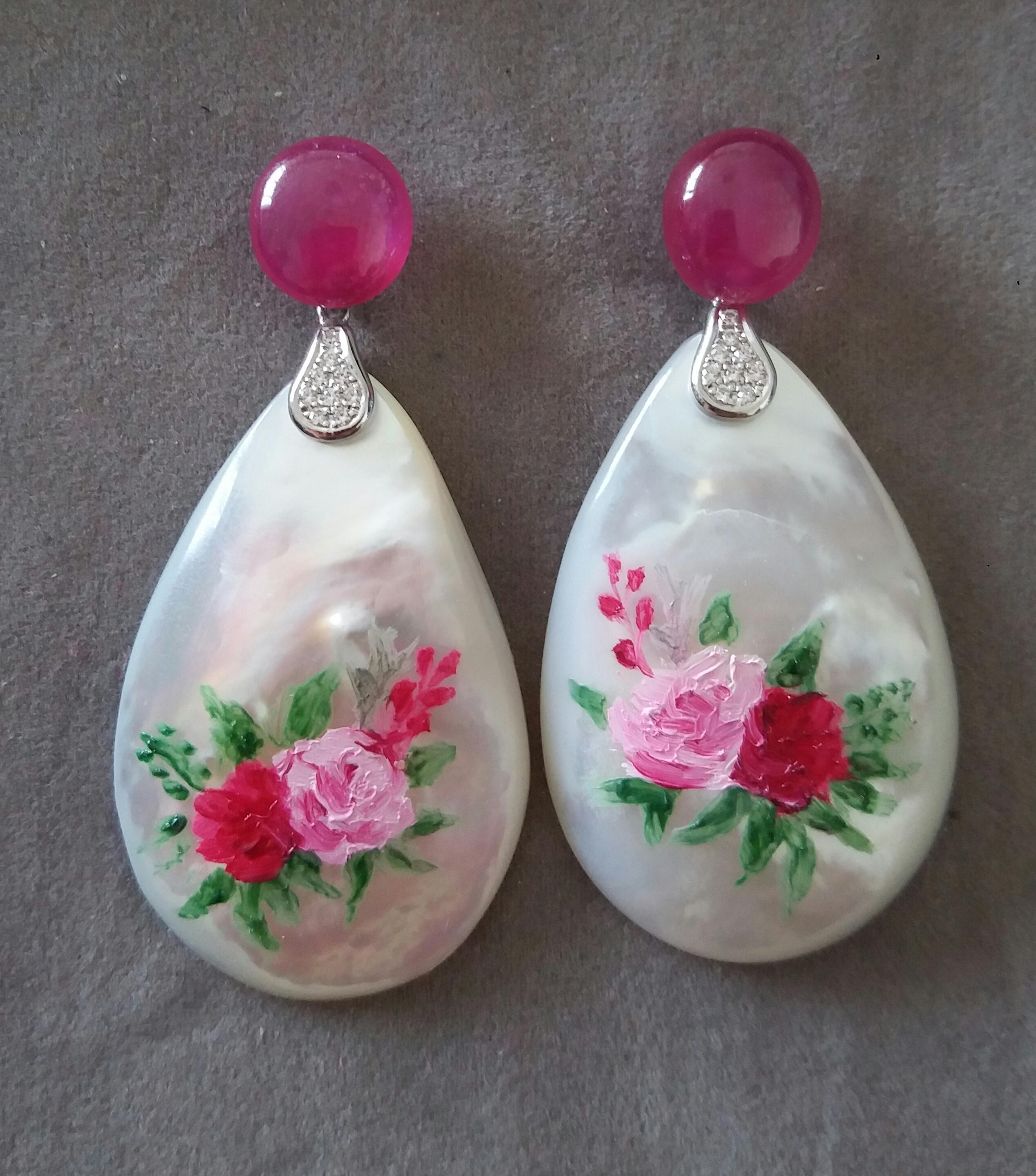 Ruby Cabs White 14k Gold Diamonds Hand Painted Mother of Pearl Drop Earrings For Sale 9