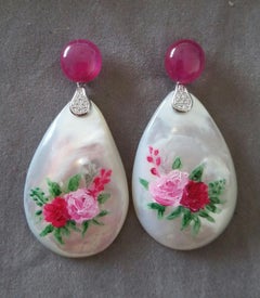 Ruby Cabs White 14k Gold Diamonds Hand Painted Mother of Pearl Drop Earrings