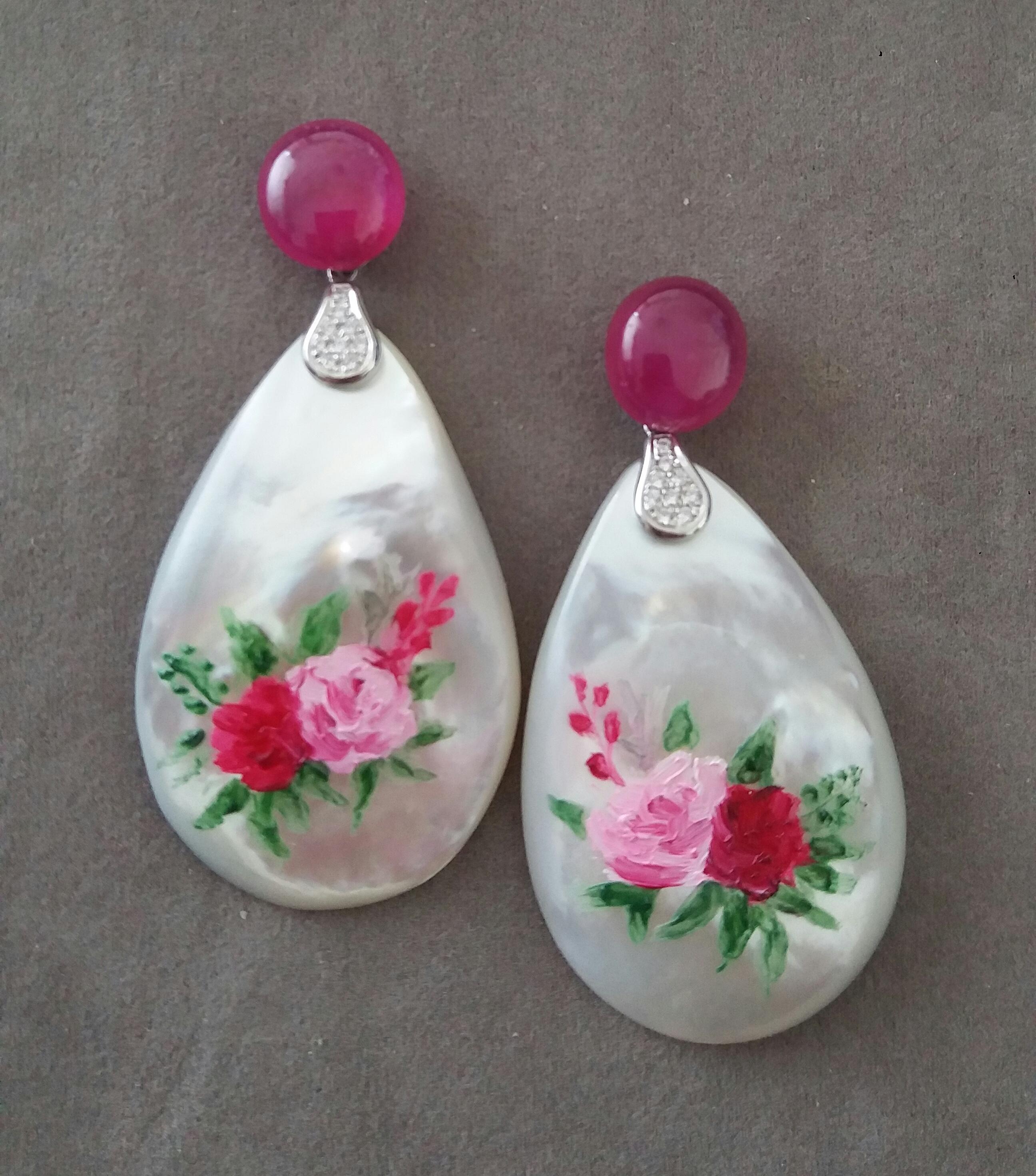 Arts and Crafts Ruby Cabs White 14k Gold Diamonds Hand Painted Mother of Pearl Drop Earrings For Sale