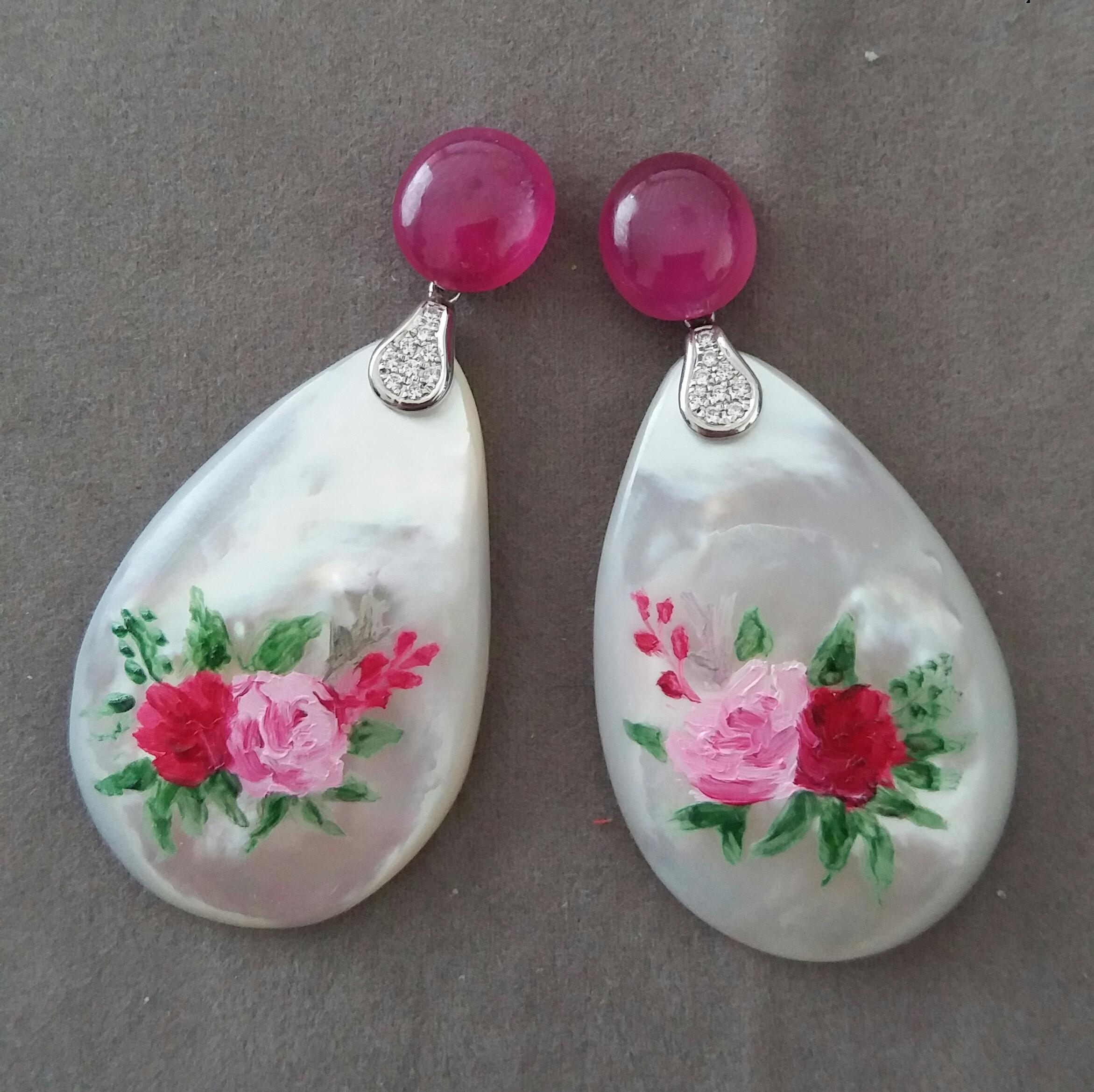 Oval Cut Ruby Cabs White 14k Gold Diamonds Hand Painted Mother of Pearl Drop Earrings For Sale