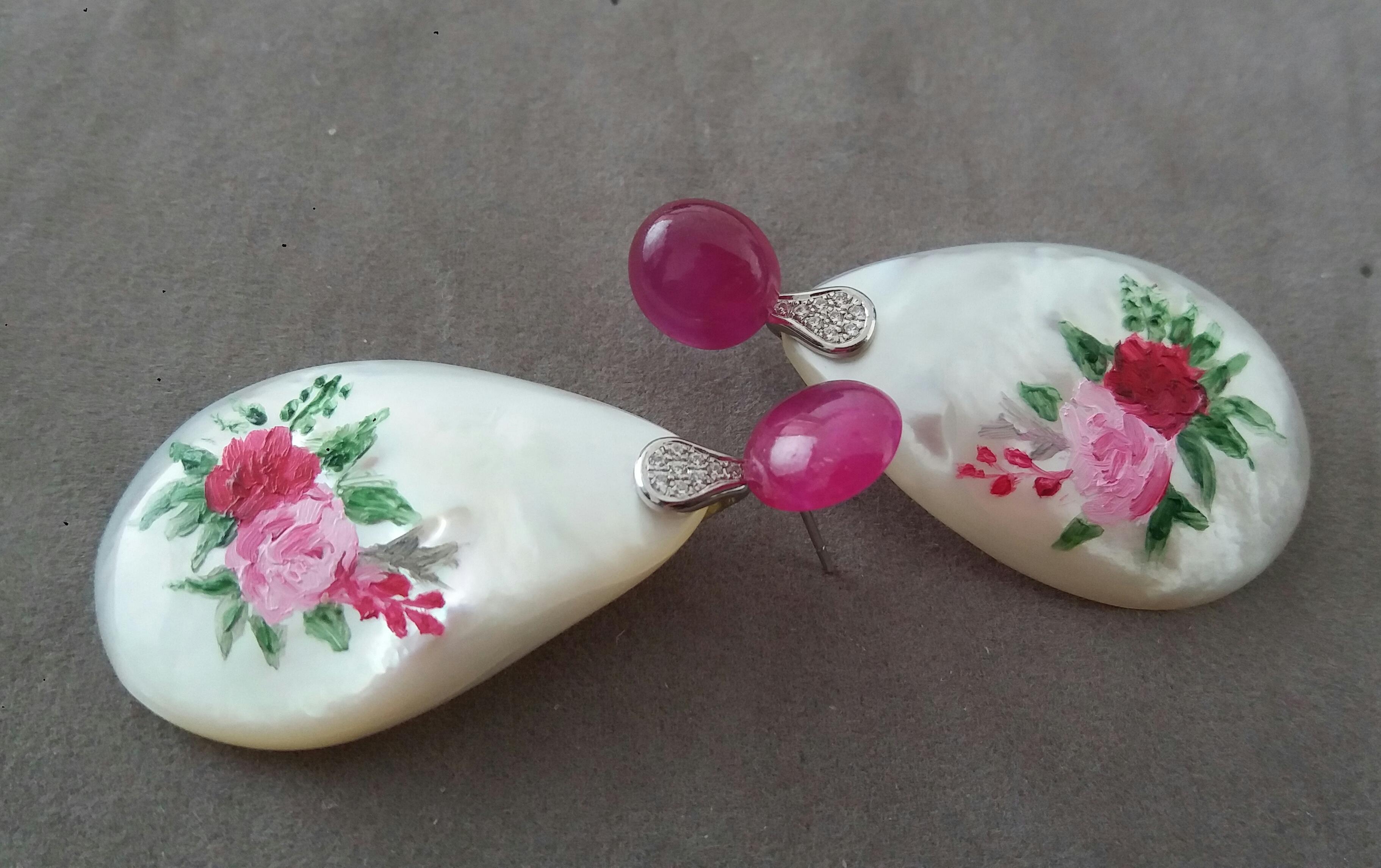 Ruby Cabs White 14k Gold Diamonds Hand Painted Mother of Pearl Drop Earrings In New Condition For Sale In Bangkok, TH