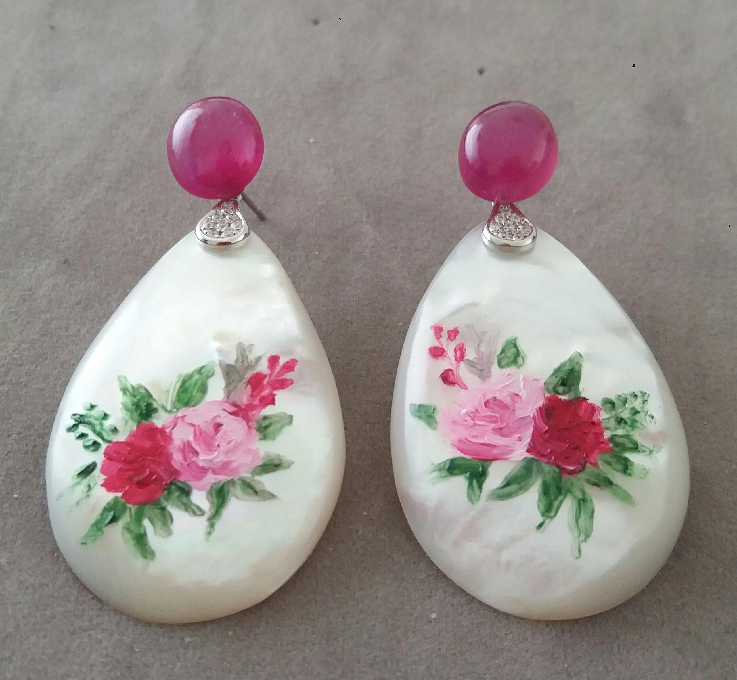 Women's Ruby Cabs White 14k Gold Diamonds Hand Painted Mother of Pearl Drop Earrings For Sale