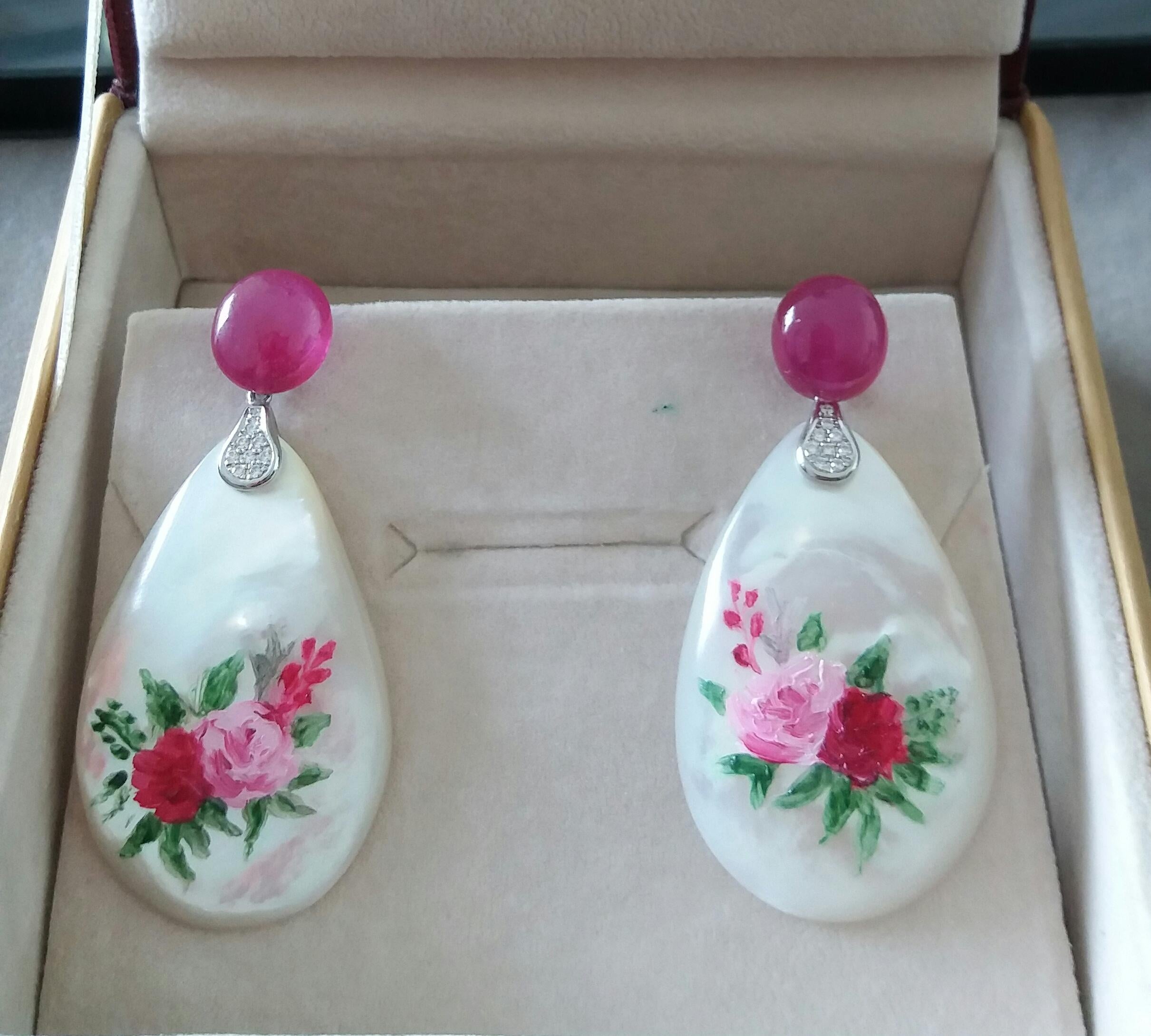 Ruby Cabs White 14k Gold Diamonds Hand Painted Mother of Pearl Drop Earrings For Sale 3