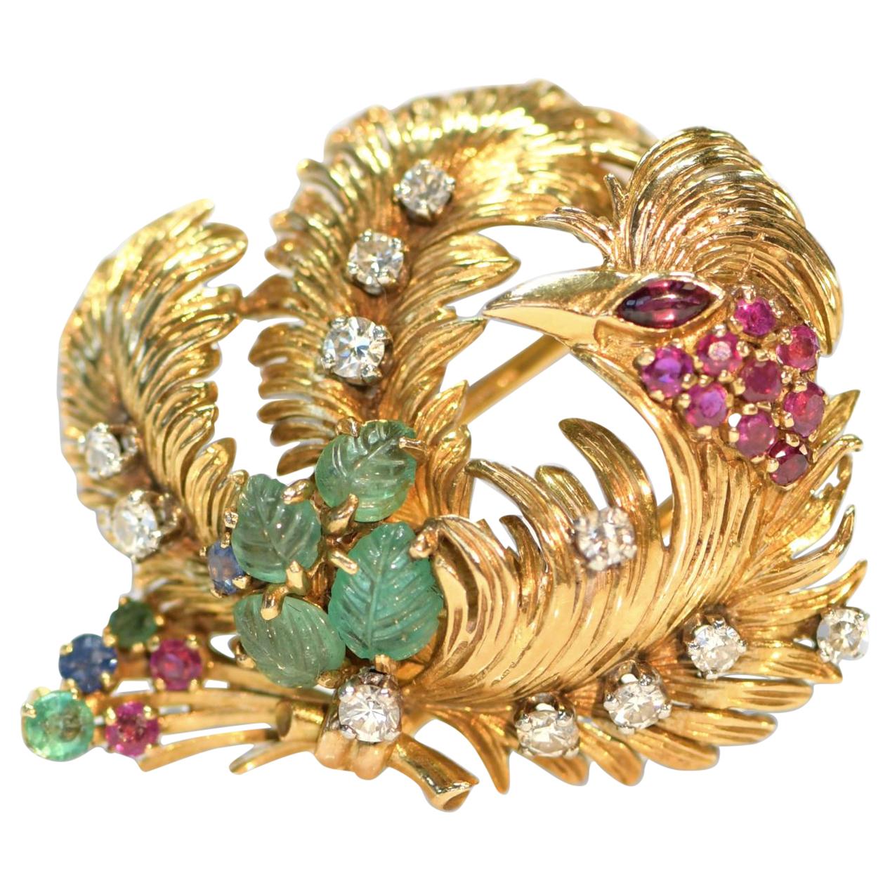 Ruby, Carved Emerald and Diamond 18 Karat Gold Phoenix Brooch