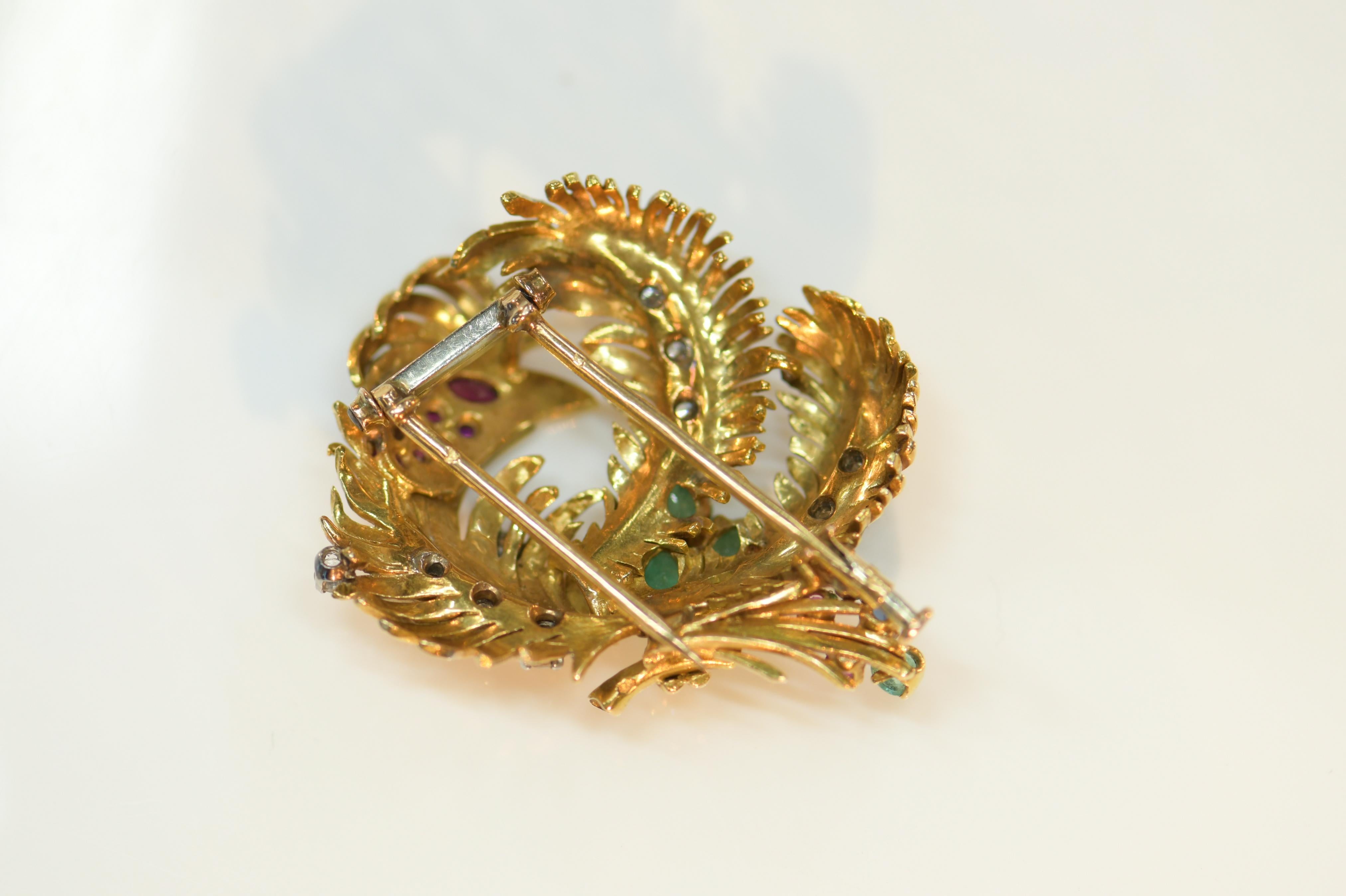Ruby, Carved Emerald and Diamond 18 Karat Gold Phoenix Brooch In New Condition In Bloxham, GB