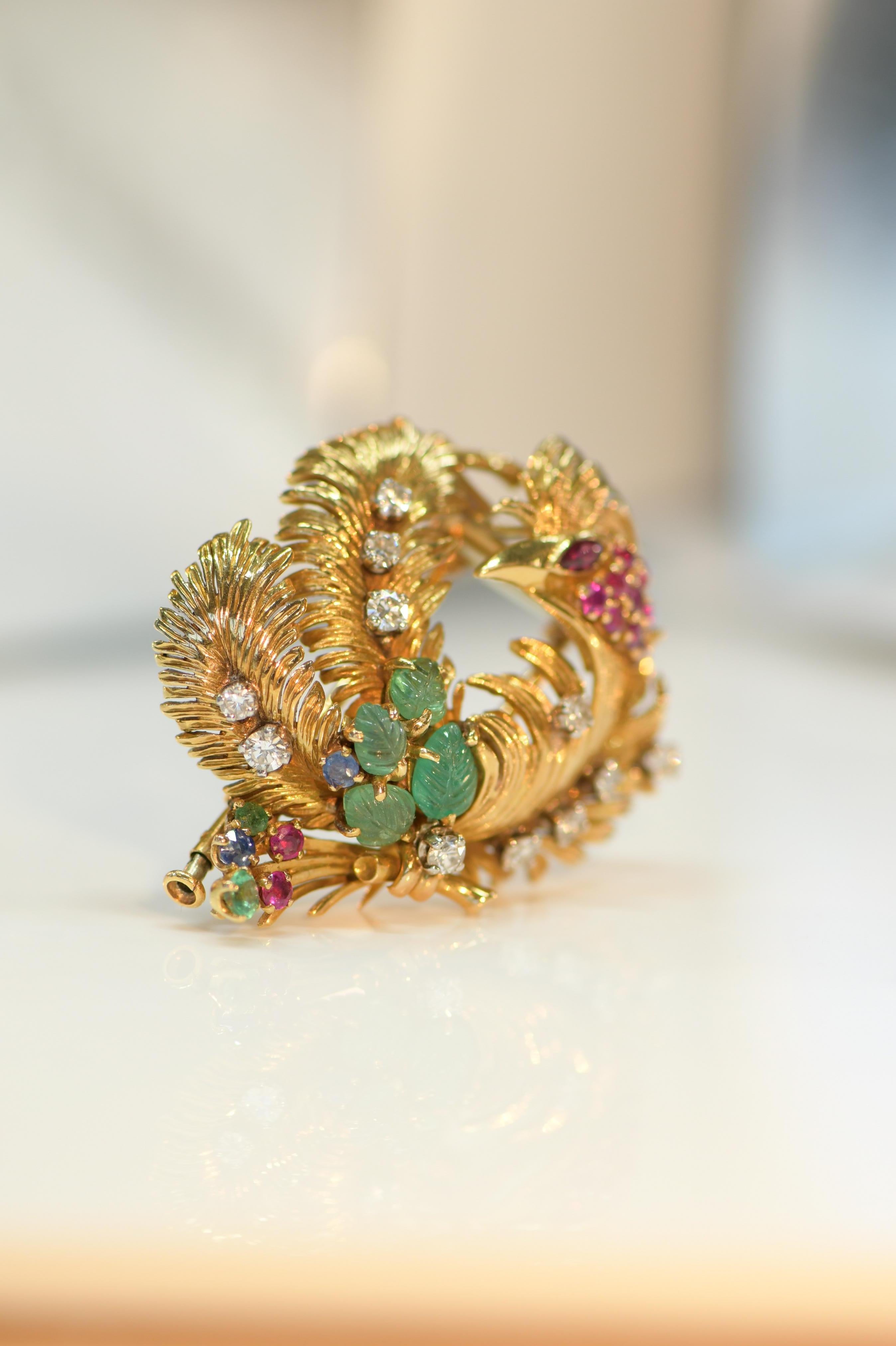 Women's or Men's Ruby, Carved Emerald and Diamond 18 Karat Gold Phoenix Brooch