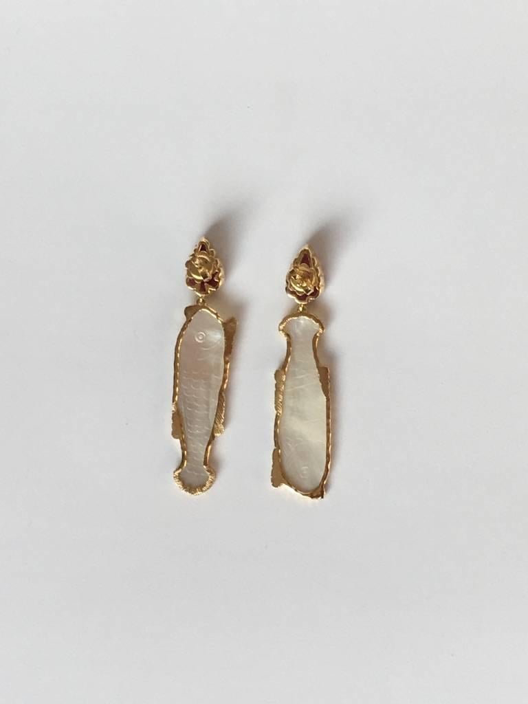 Artist Ruby Carved Leaf Mother of Pearls Fish 18 Karat Gold Earrings For Sale