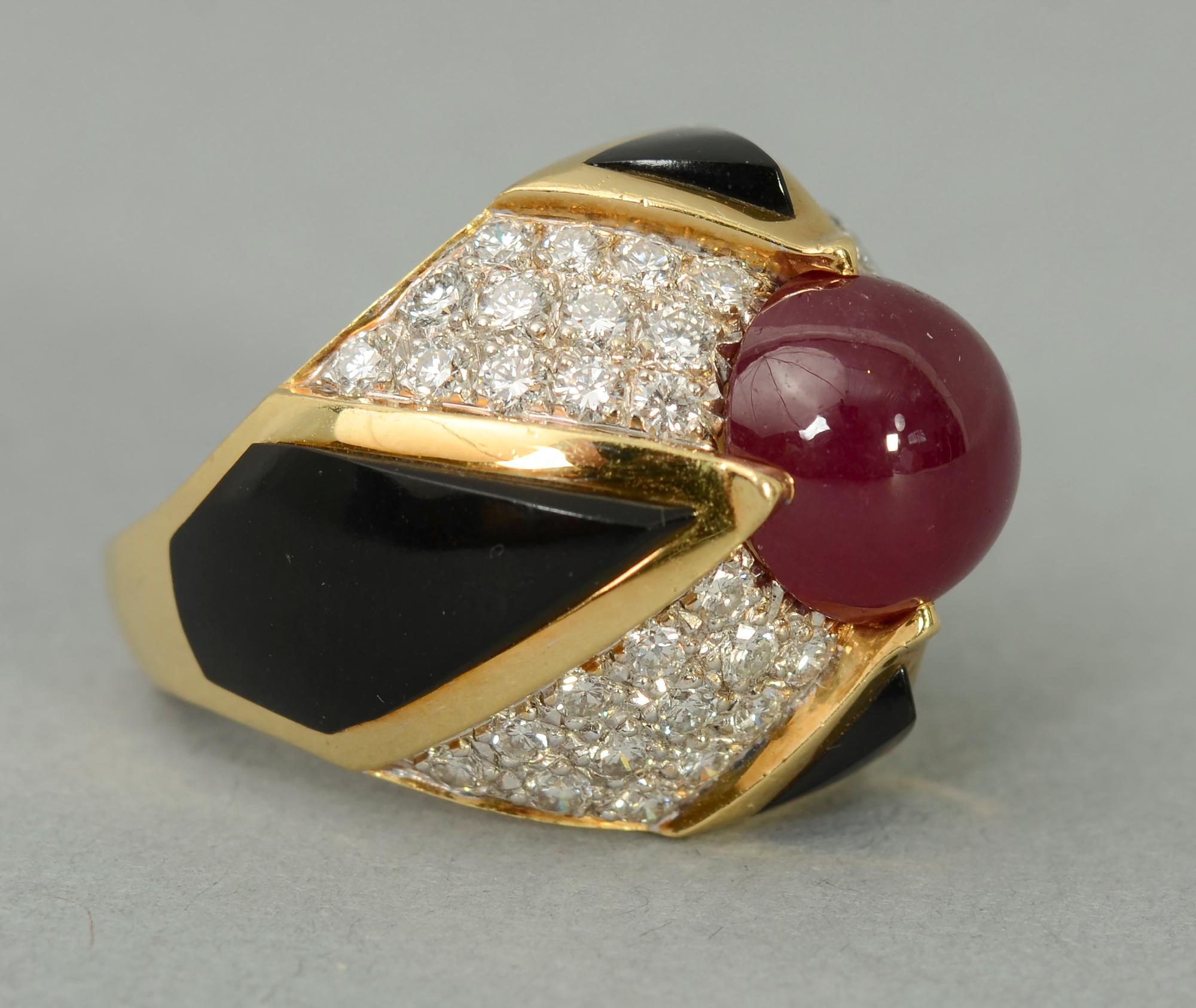 Modern Ruby, Carved Onyx and Diamond Cocktail Ring