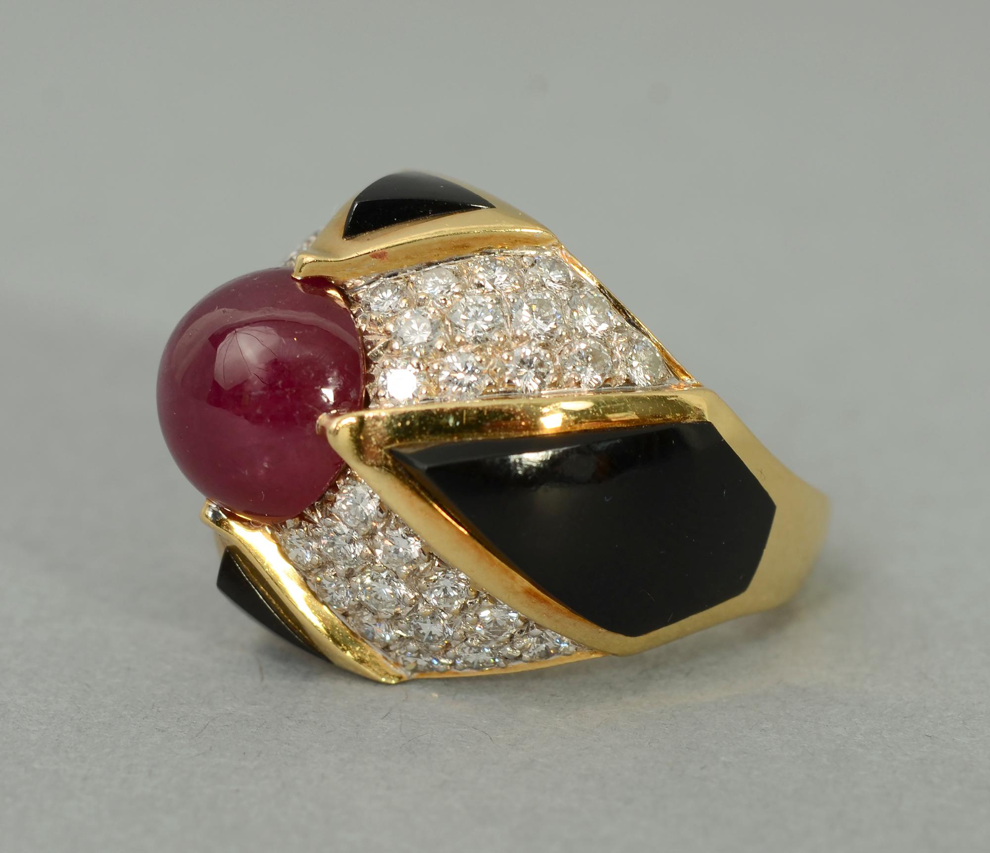 Ruby, Carved Onyx and Diamond Cocktail Ring In Excellent Condition In Darnestown, MD