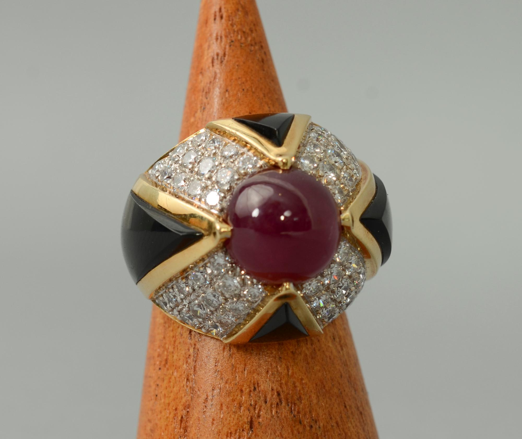 Women's or Men's Ruby, Carved Onyx and Diamond Cocktail Ring