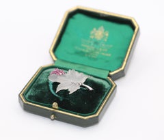 Ruby Carved Rock Crystal Grape Vine Brooch 14K White Gold, 1940