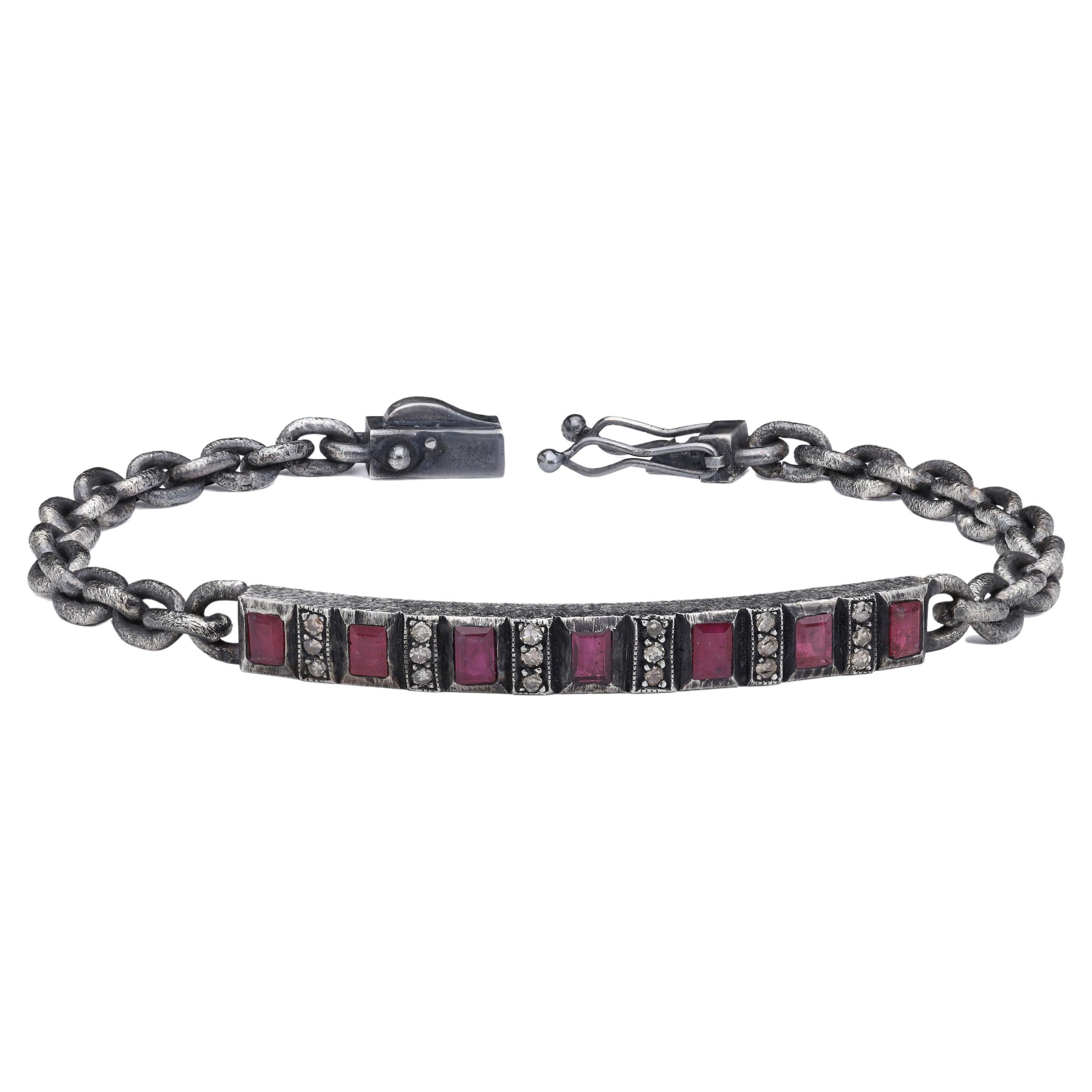 Oxidised Silver Tag Chain Bracelet with Ruby and Champagne Diamonds For Sale