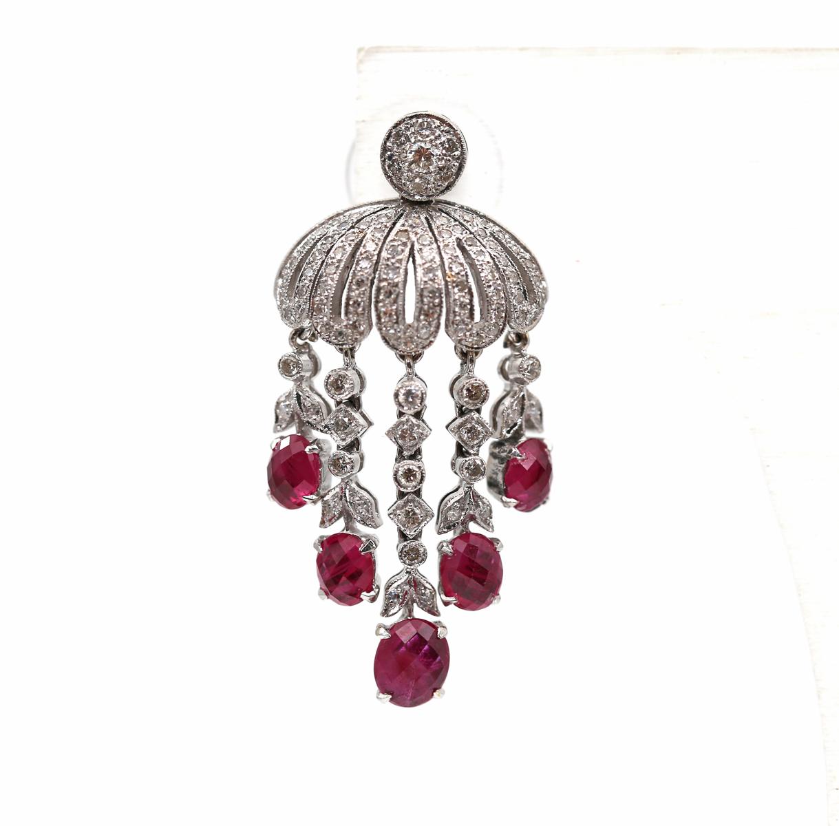 Round Cut Ruby Chandelier Earrings Diamond 14k White Gold, 1980 For Sale