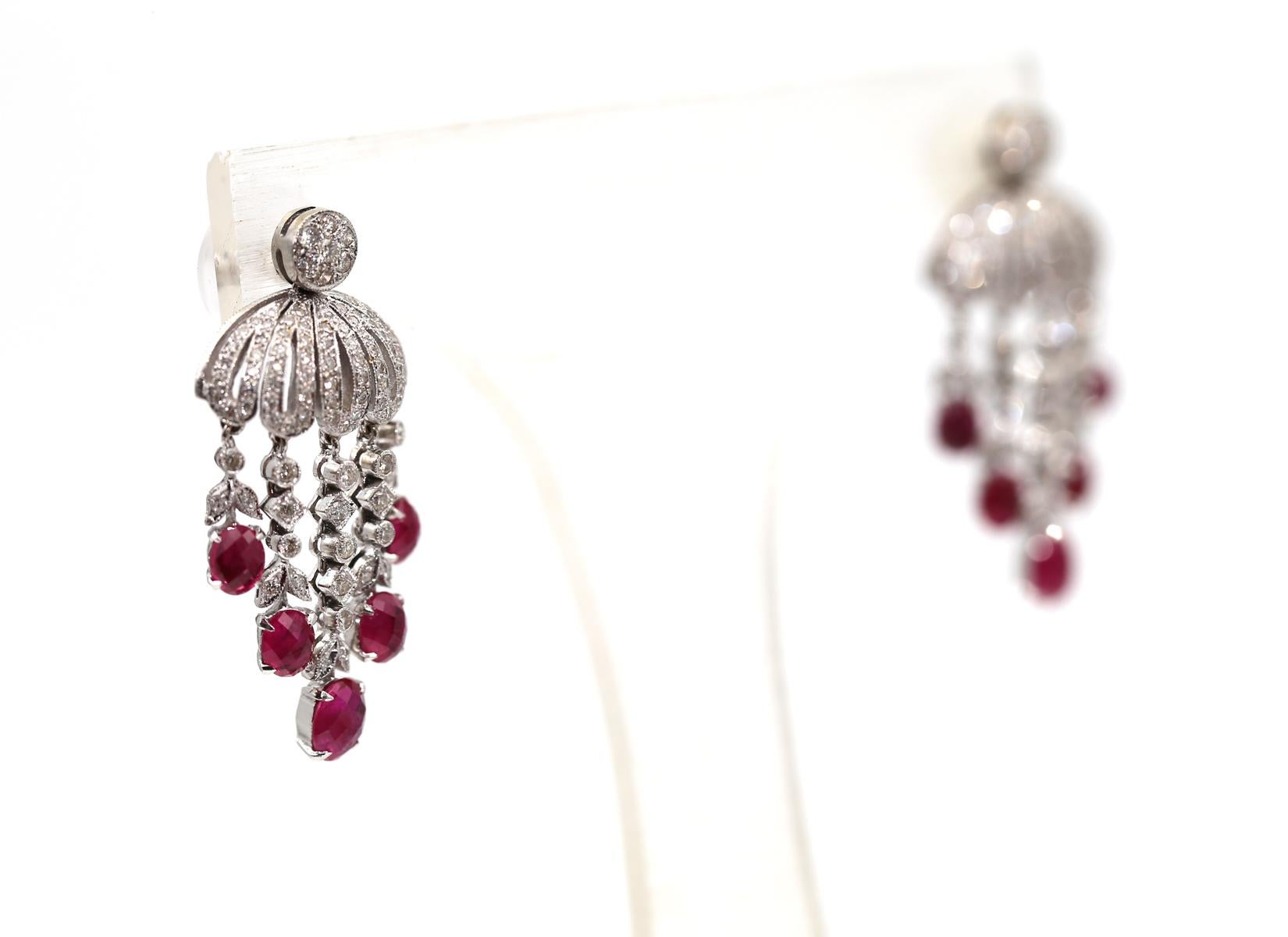Ruby Chandelier Earrings Diamond 14k White Gold, 1980 In Good Condition For Sale In Herzelia, Tel Aviv