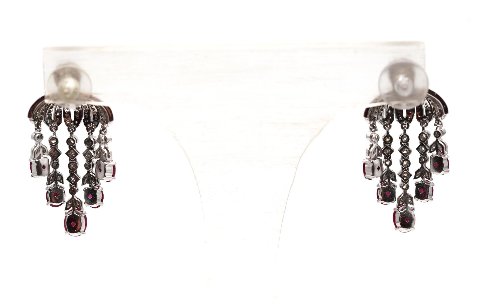 Women's Ruby Chandelier Earrings Diamond 14k White Gold, 1980 For Sale
