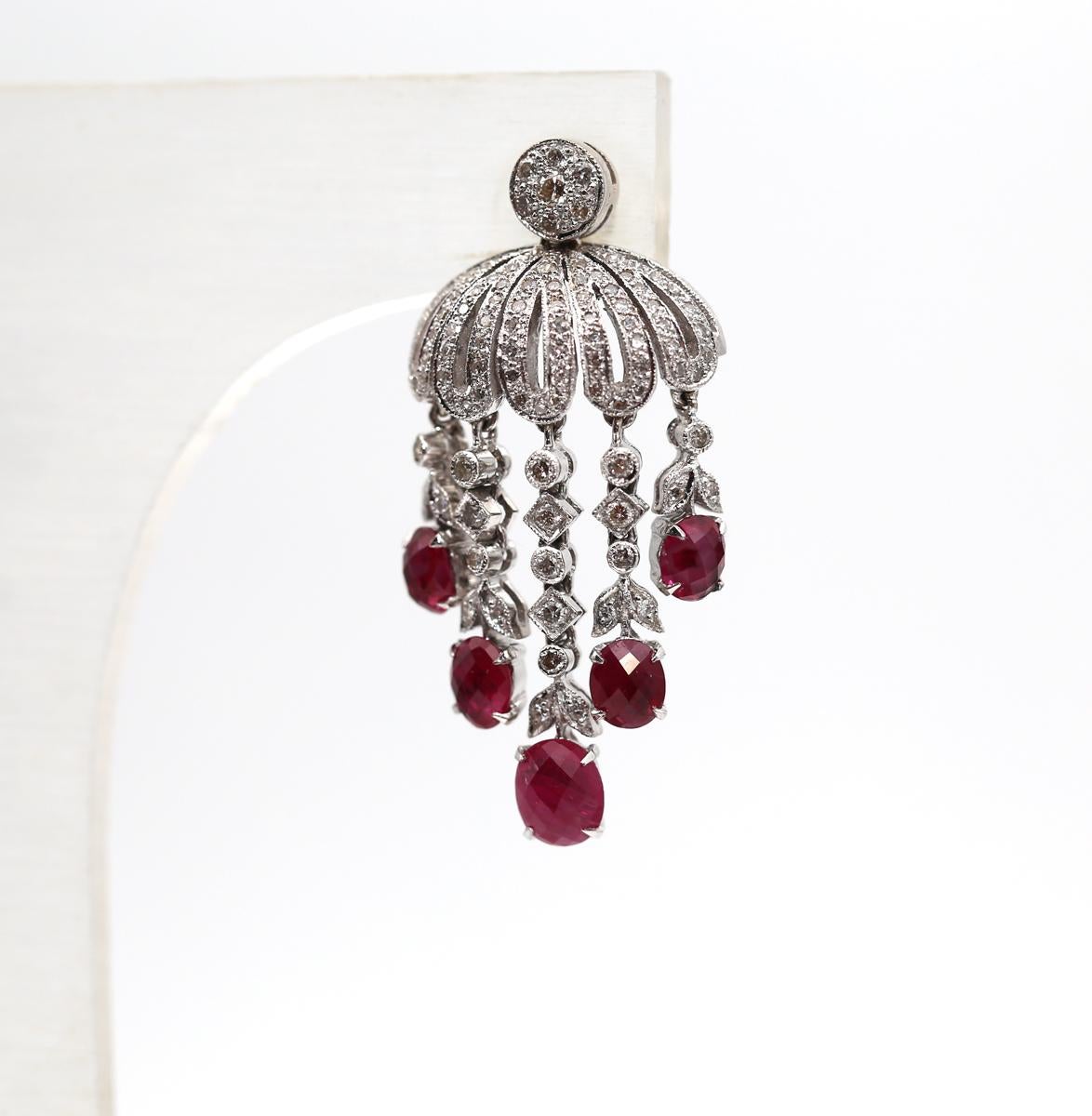 Ruby Chandelier Earrings Diamond 14k White Gold, 1980 For Sale 4