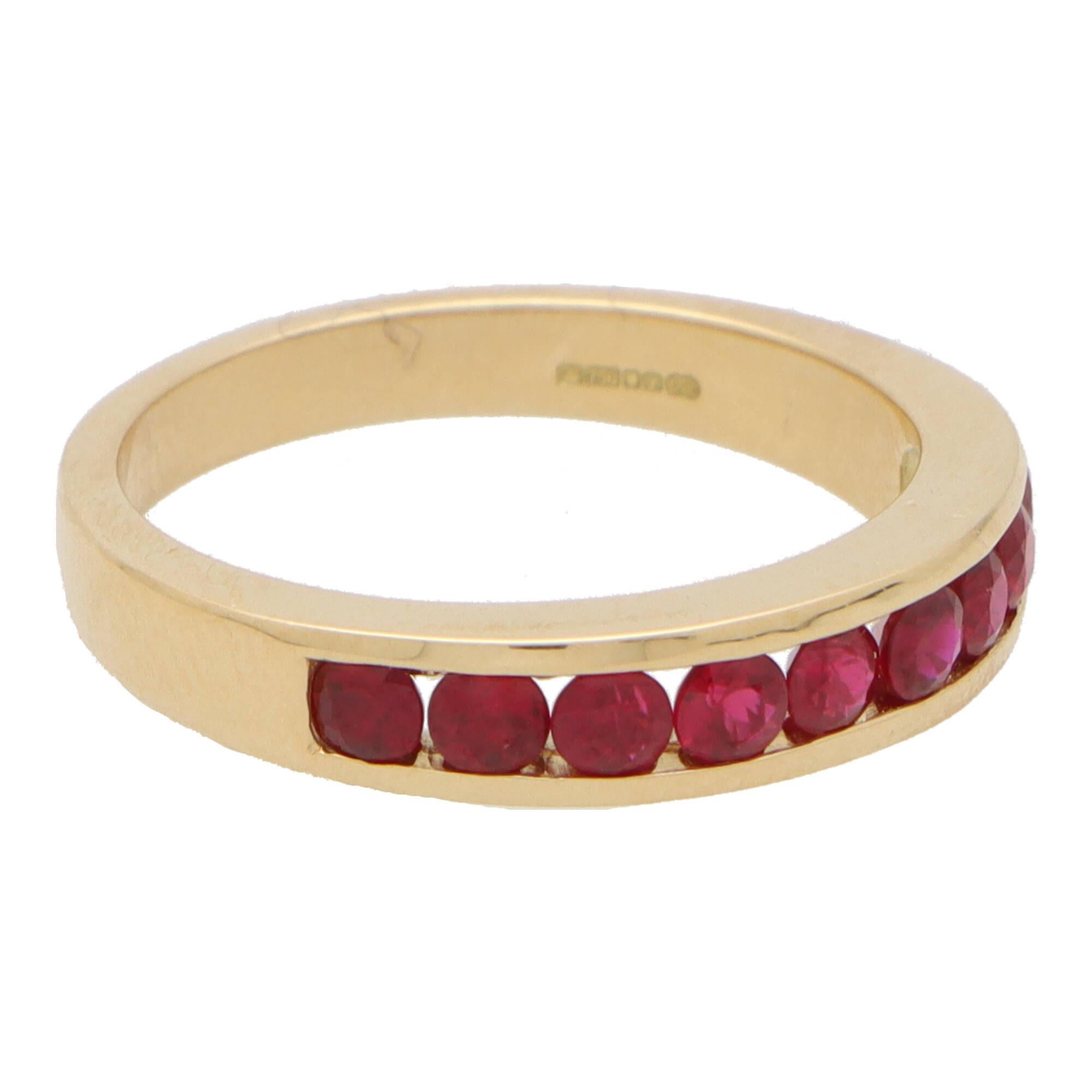 Round Cut Ruby Channel Set Half Eternity Ring in 18k Yellow Gold For Sale