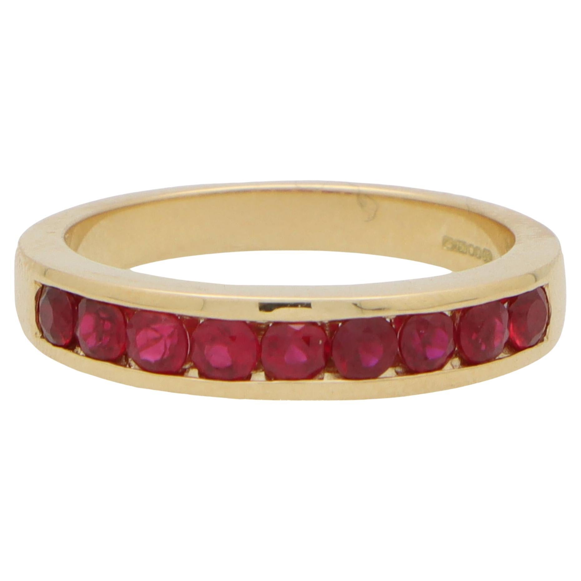 Ruby Channel Set Half Eternity Ring in 18k Yellow Gold For Sale