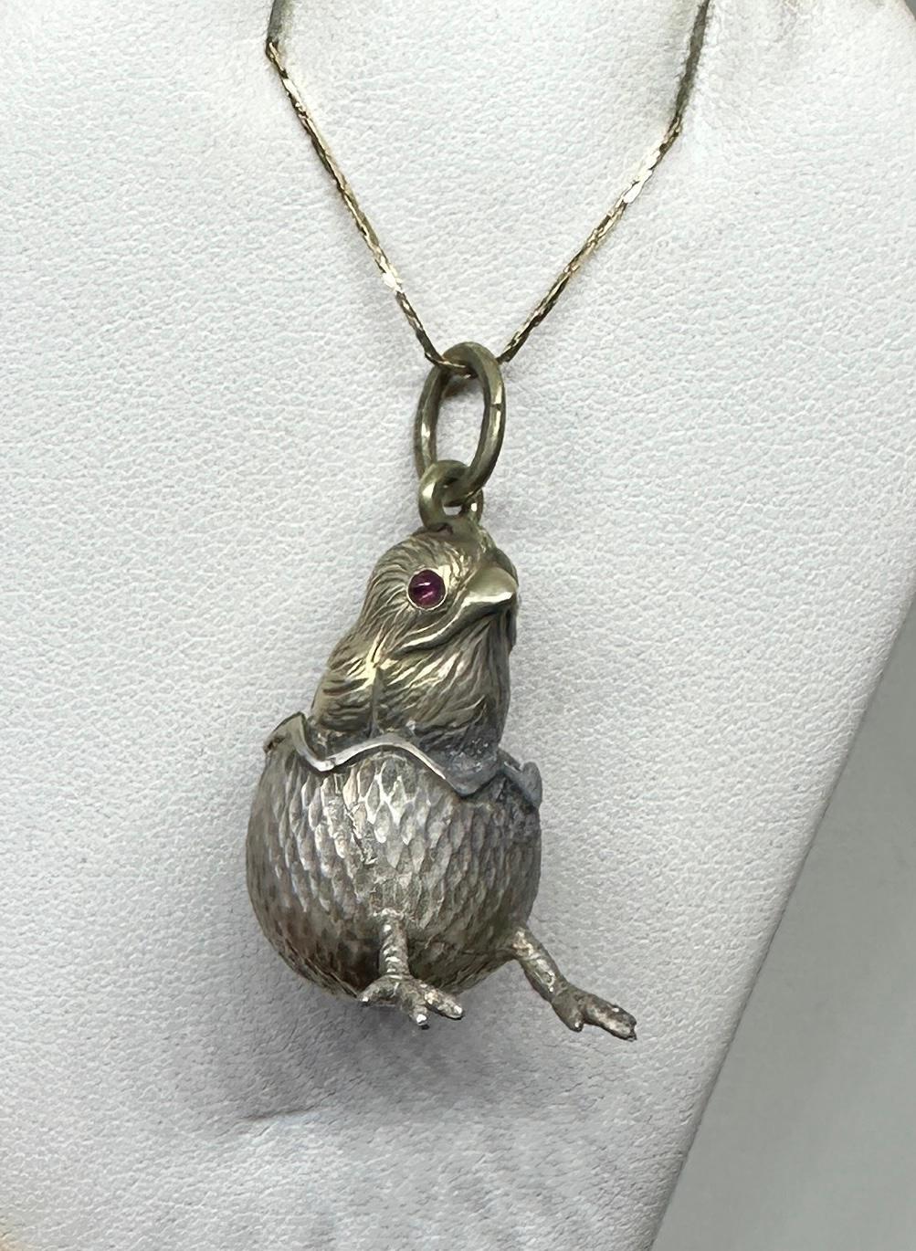 Art Nouveau Ruby Chick In Easter Egg Pendant Necklace Charm Silver Albert Holmstrom Russian