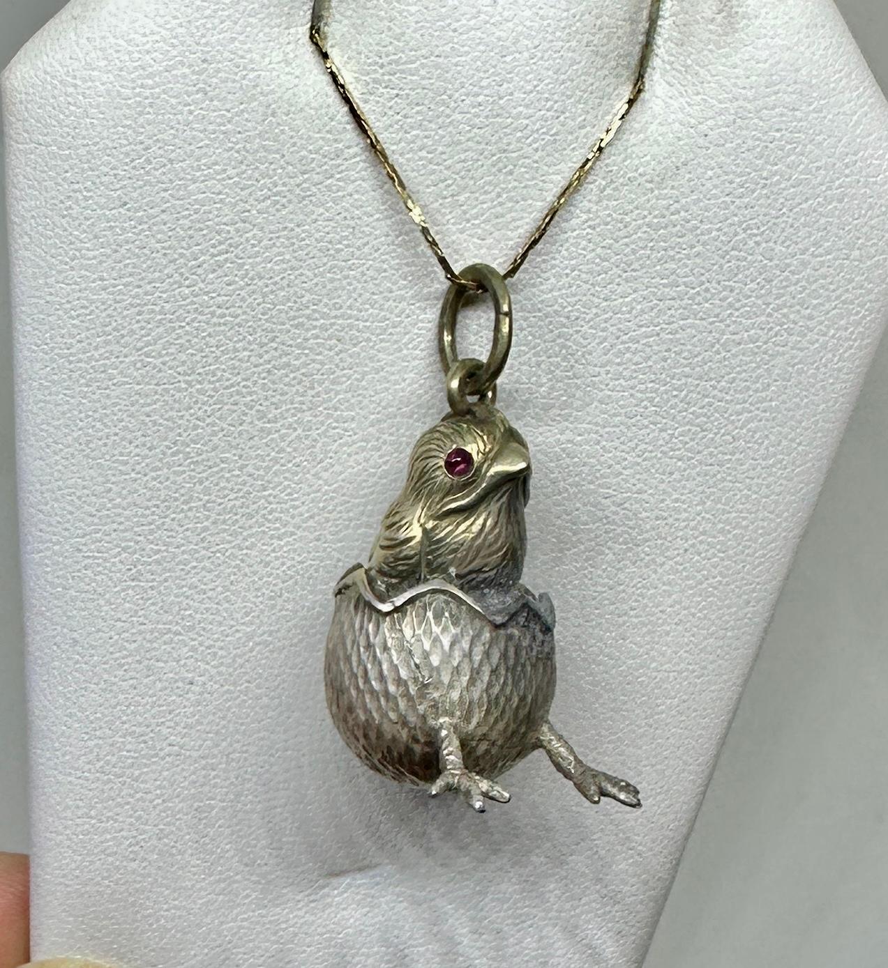 Cabochon Ruby Chick In Easter Egg Pendant Necklace Charm Silver Albert Holmstrom Russian