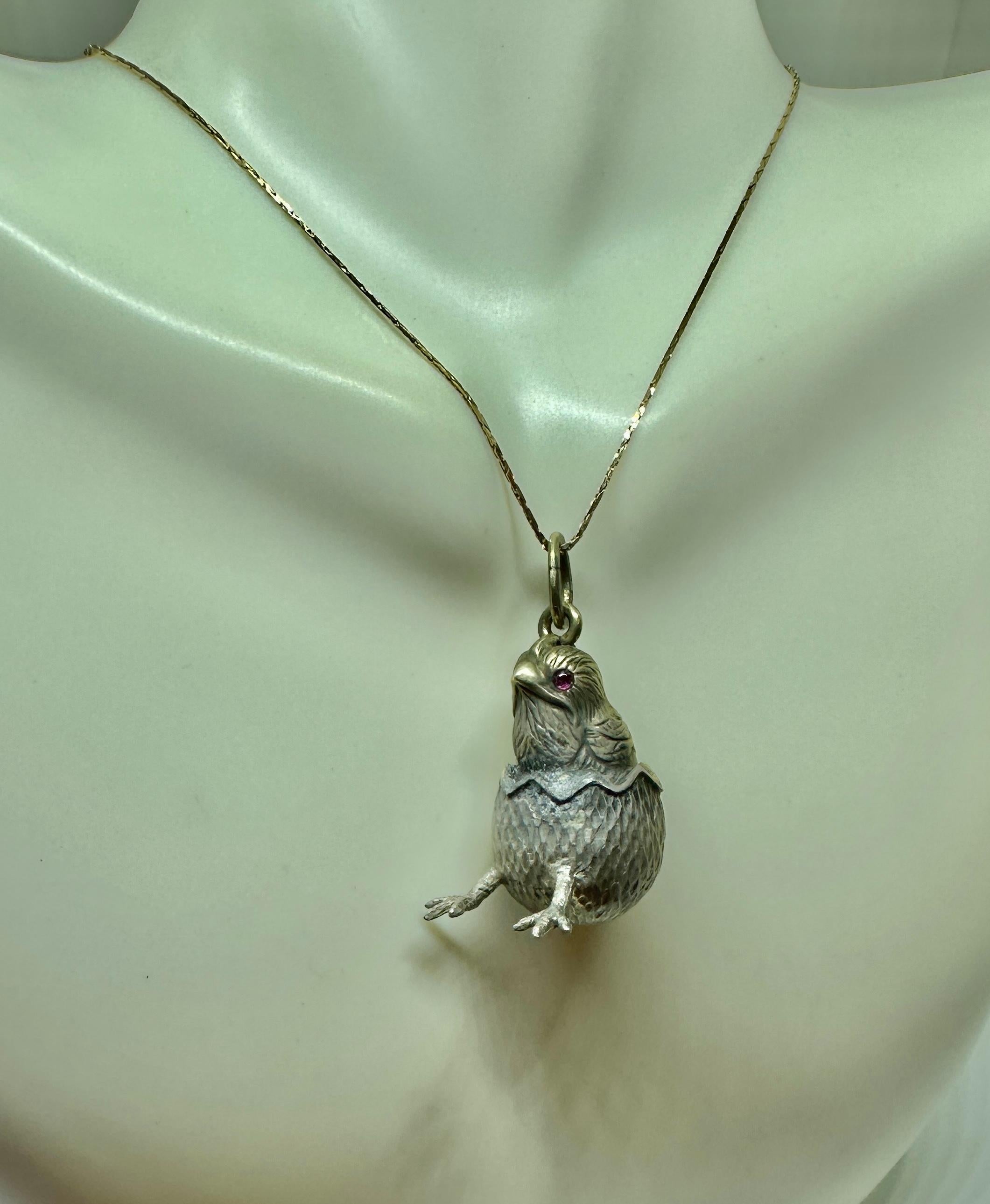 Women's or Men's Ruby Chick In Easter Egg Pendant Necklace Charm Silver Albert Holmstrom Russian