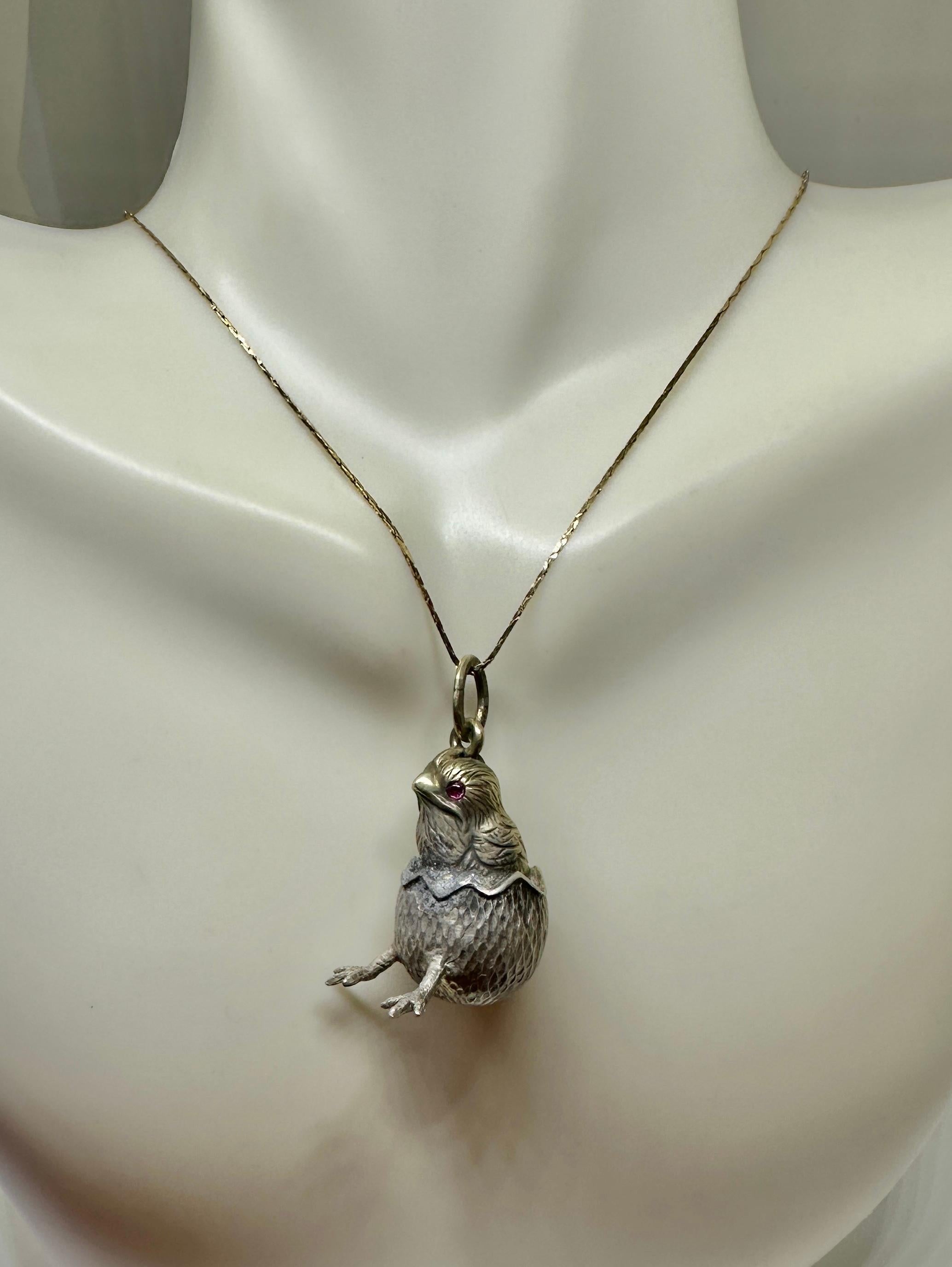 Ruby Chick In Easter Egg Pendant Necklace Charm Silver Albert Holmstrom Russian 1