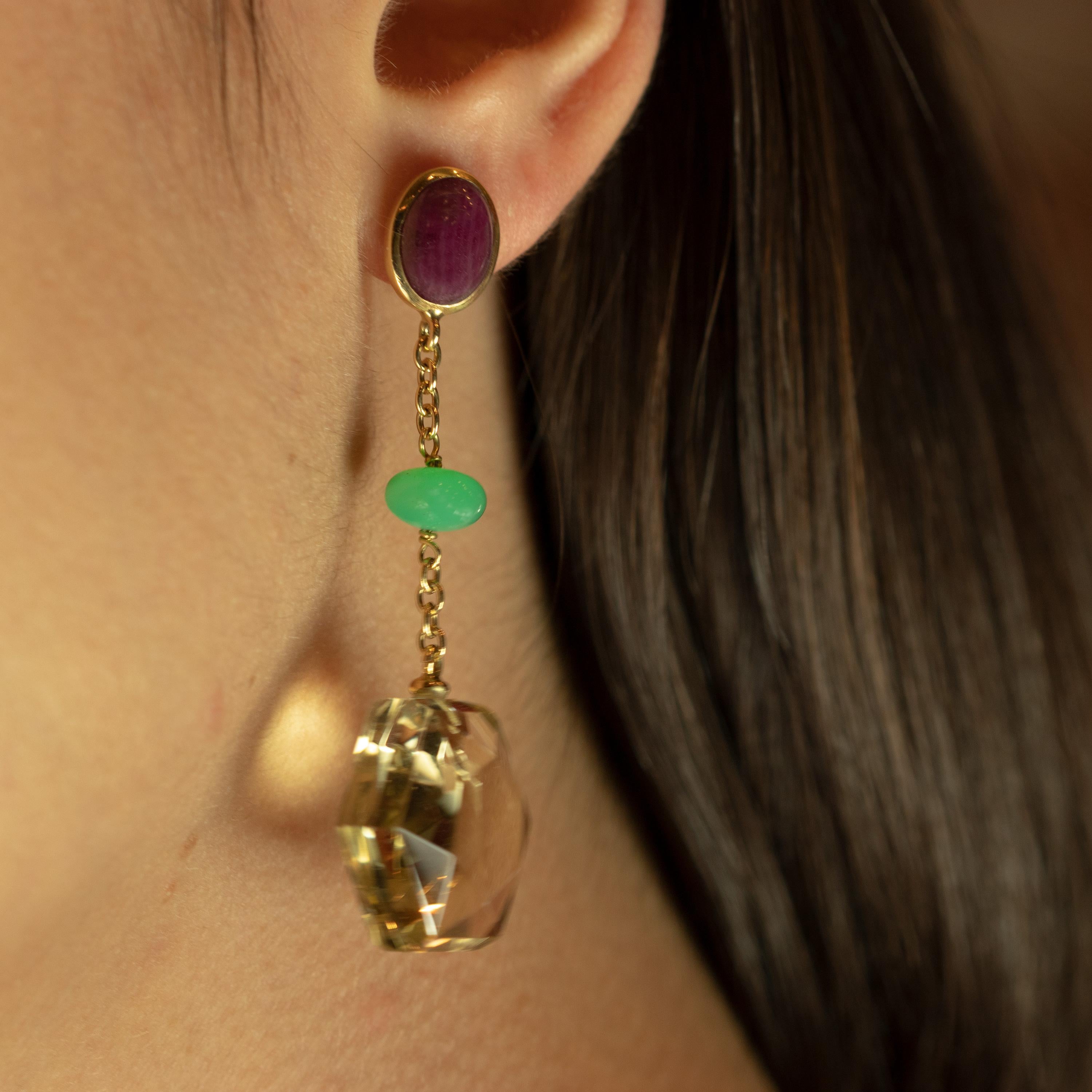 Art Déco Orecchini geometrici in oro giallo 18 carati con crisofrasio e quarzo citrino in vendita